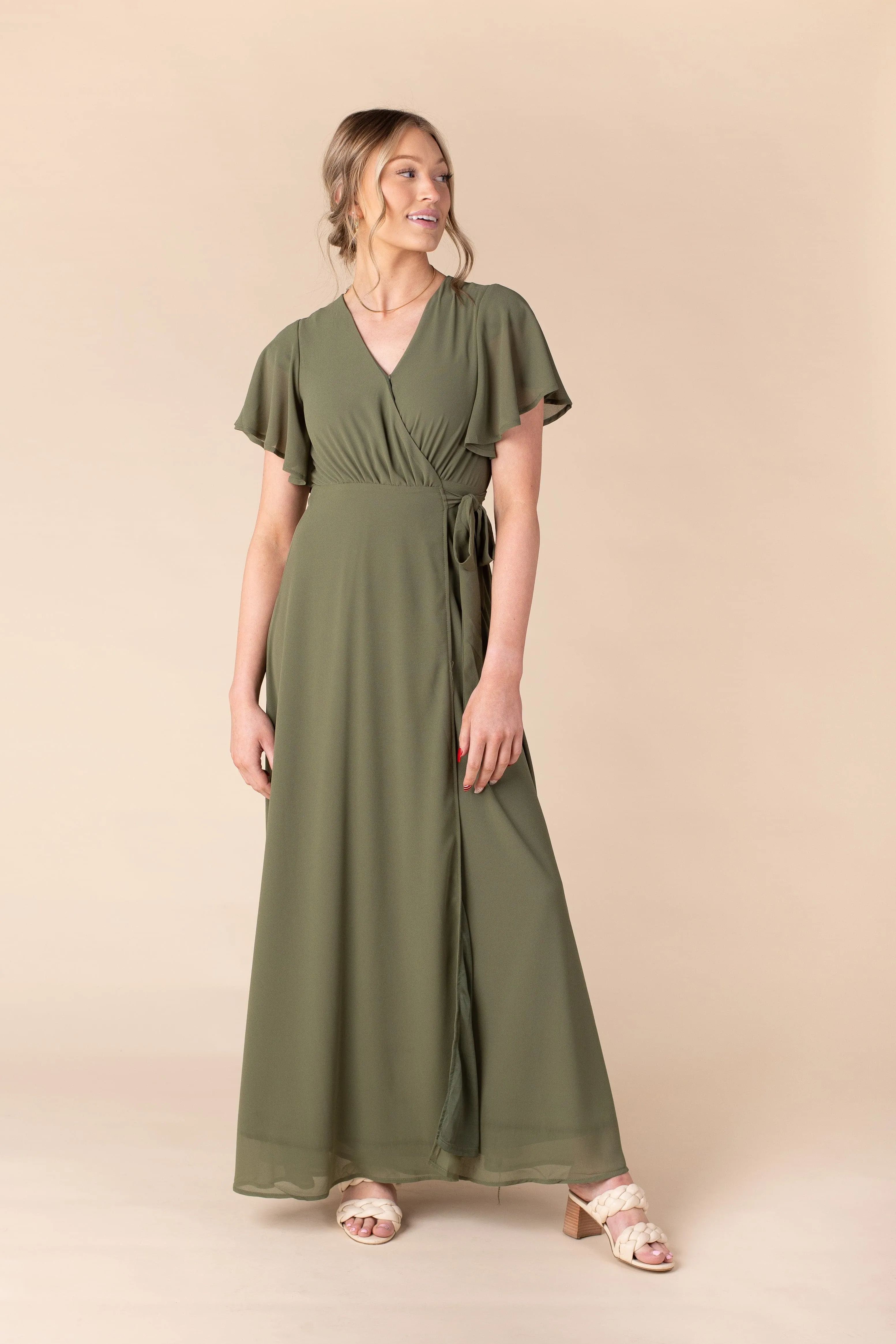 Naples Flutter Sleeve Wrap Maxi - Moss