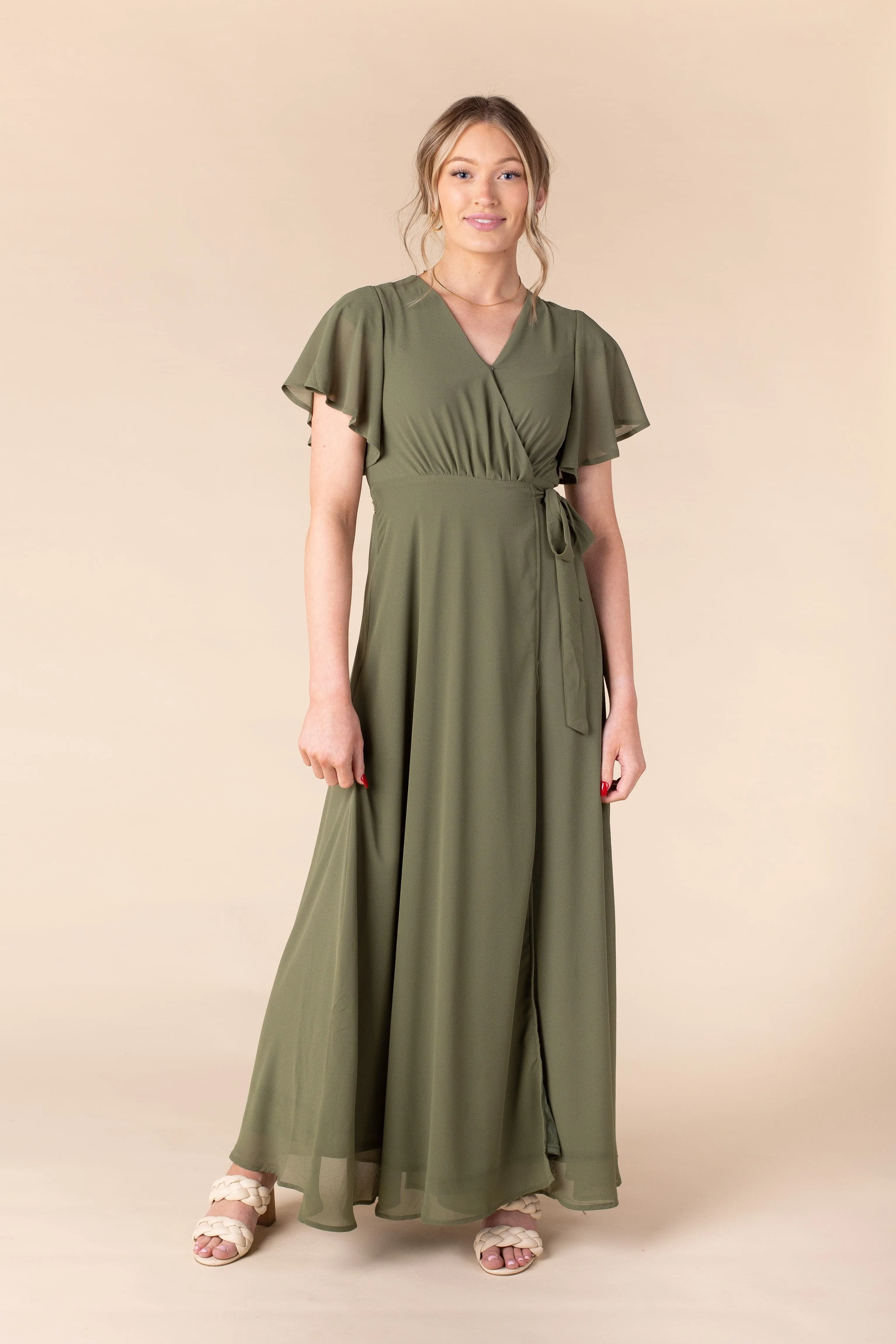 Naples Flutter Sleeve Wrap Maxi - Moss