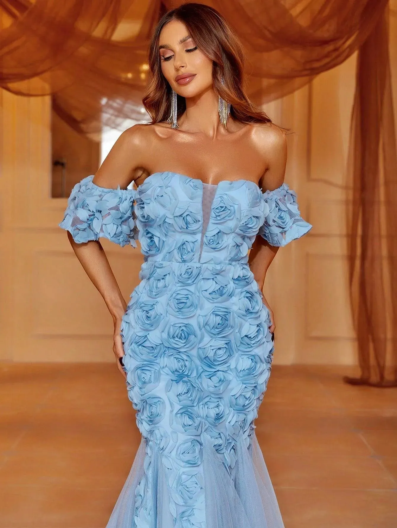 Off Shoulder Puff Sleeve Mermaid Hem 3D Flower Dresses