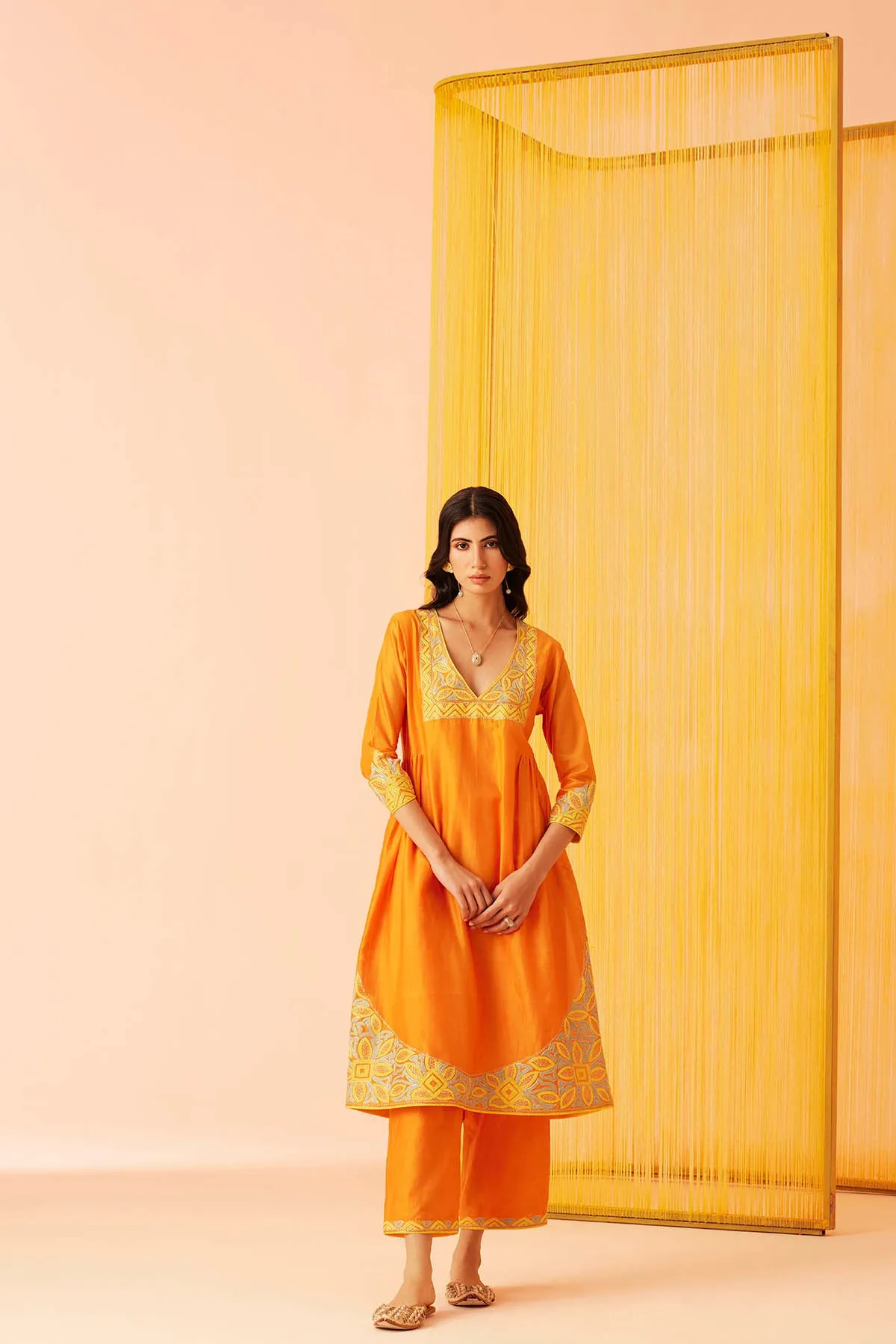 Orange Musings V-neck Kurta Set