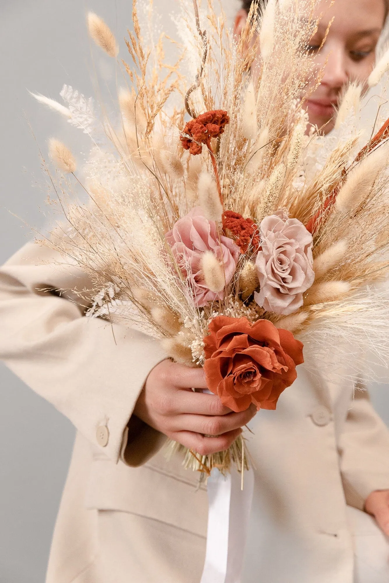 Pastel Pink & Terracotta Eternal Roses Pampas Grass Boho Bridal Bouquet / Wedding Bouquet / Autumn Bouquet / Winter Bouquet / Spring Bouquet