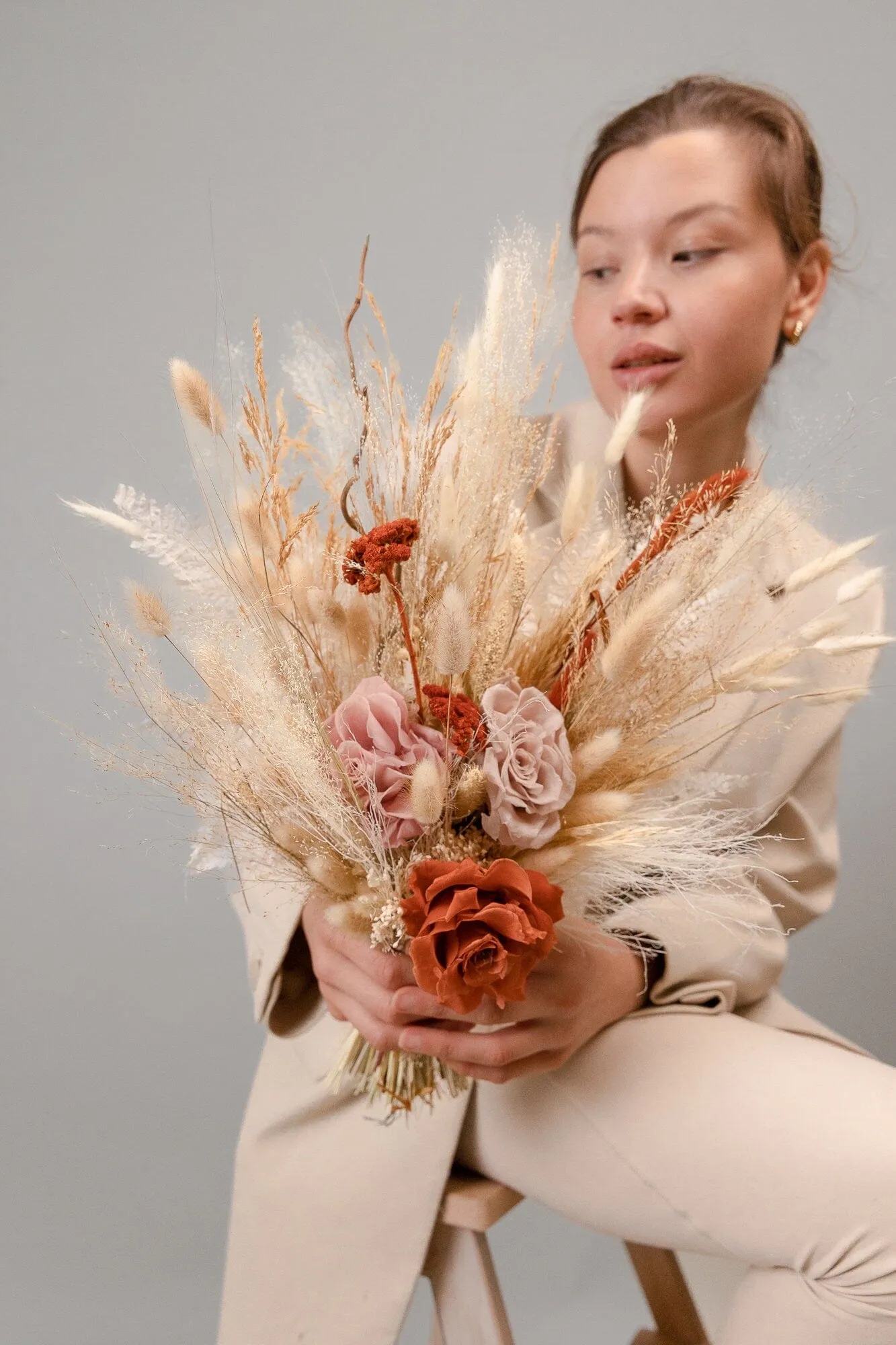 Pastel Pink & Terracotta Eternal Roses Pampas Grass Boho Bridal Bouquet / Wedding Bouquet / Autumn Bouquet / Winter Bouquet / Spring Bouquet