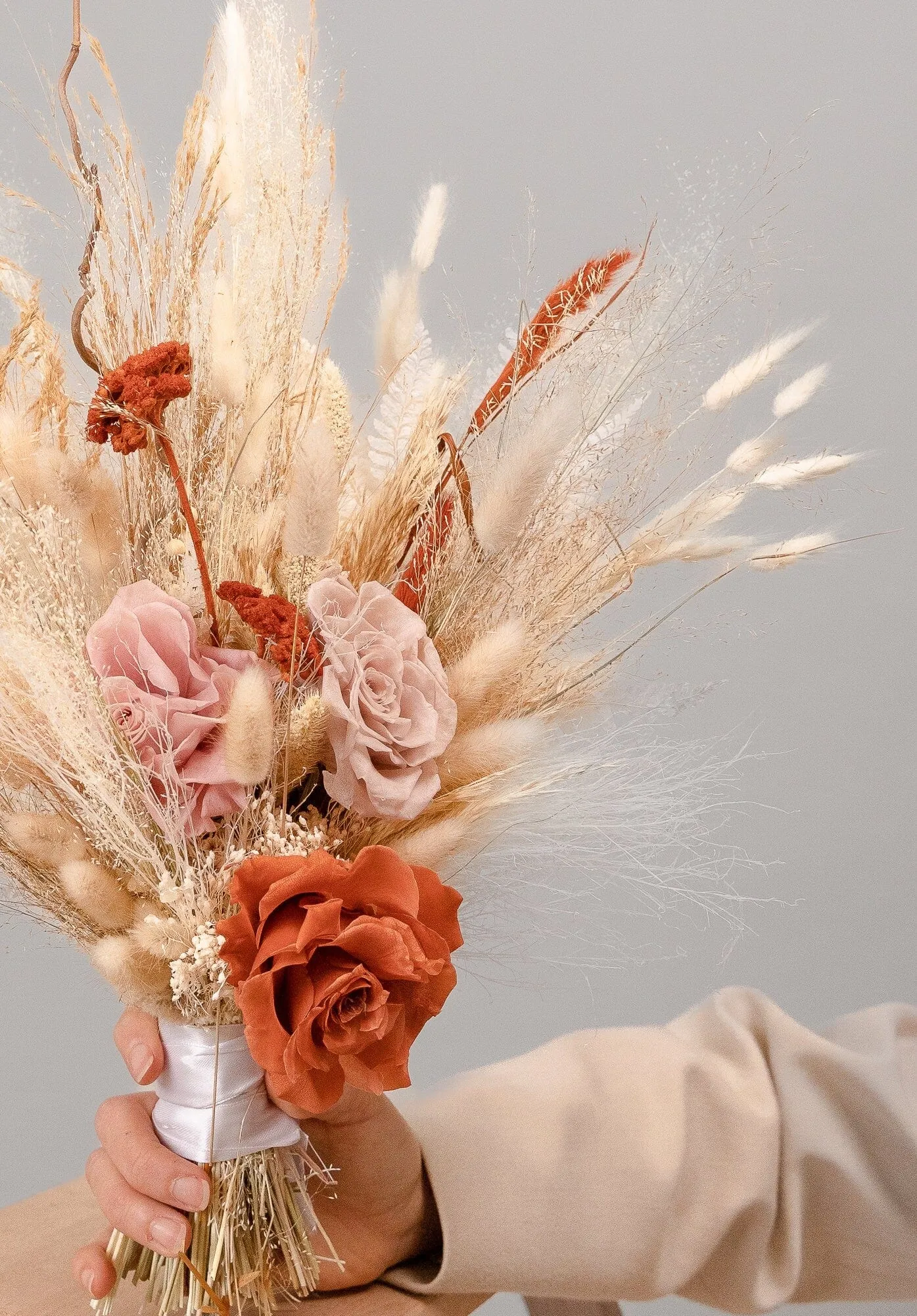 Pastel Pink & Terracotta Eternal Roses Pampas Grass Boho Bridal Bouquet / Wedding Bouquet / Autumn Bouquet / Winter Bouquet / Spring Bouquet