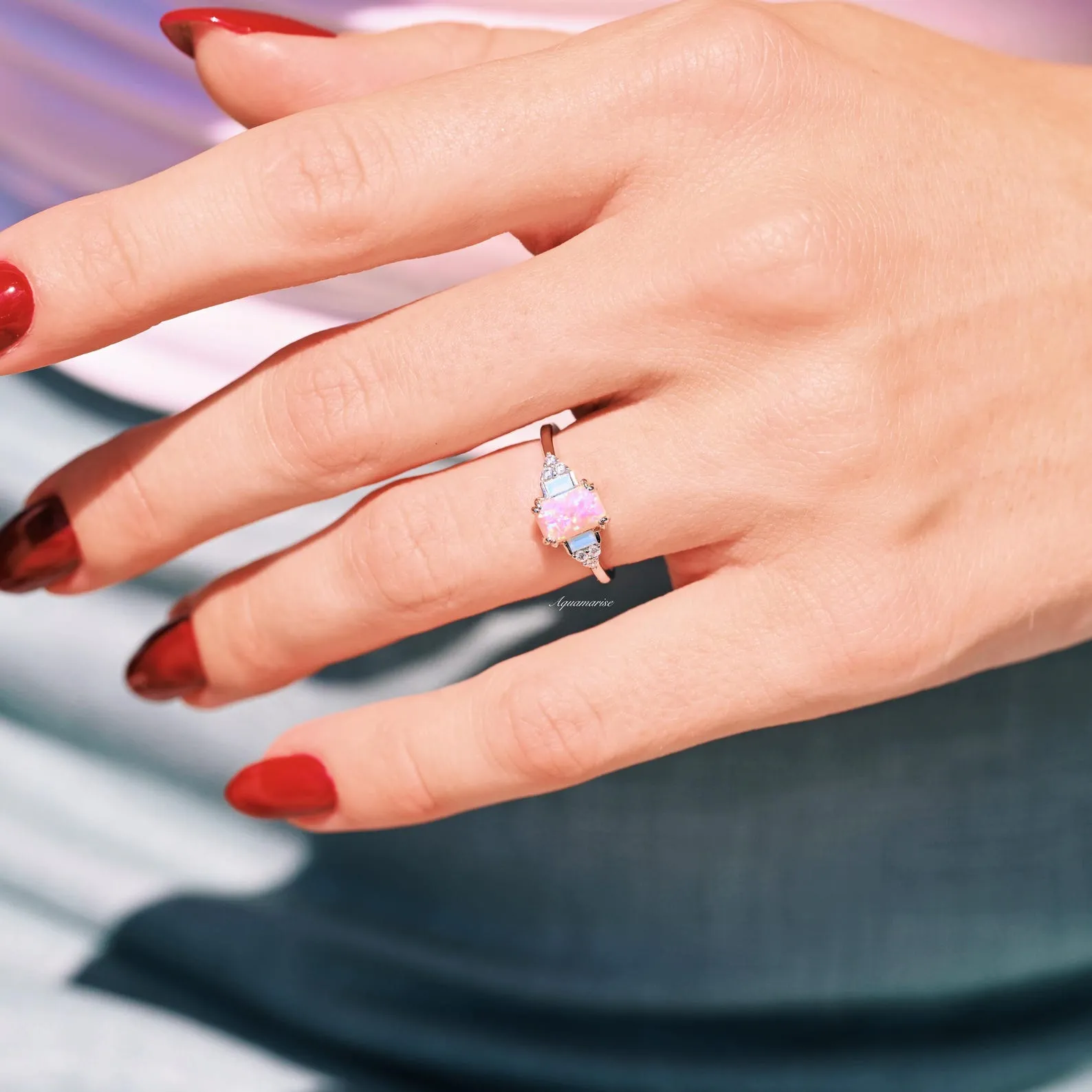 Pink Fire Opal & Opalescent Sapphire Ring- Sterling Silver