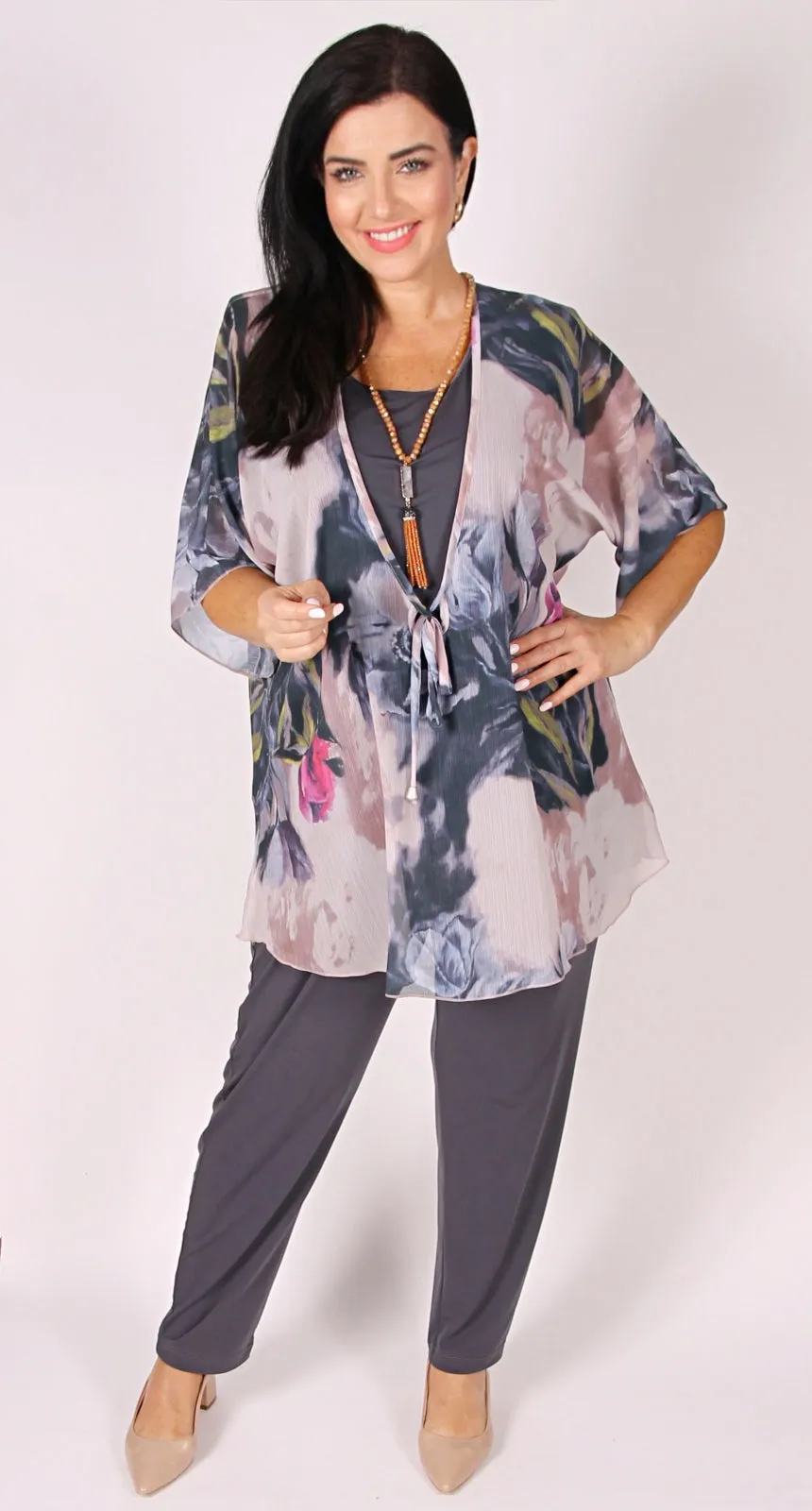 Print Kaftan Tie Front Top Charcoal Rose