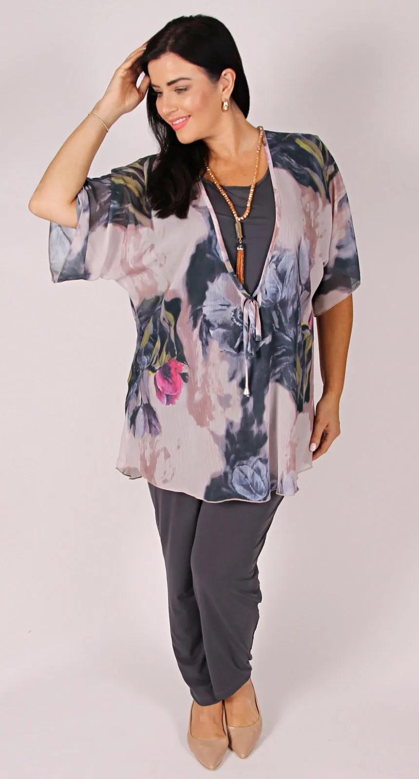 Print Kaftan Tie Front Top Charcoal Rose