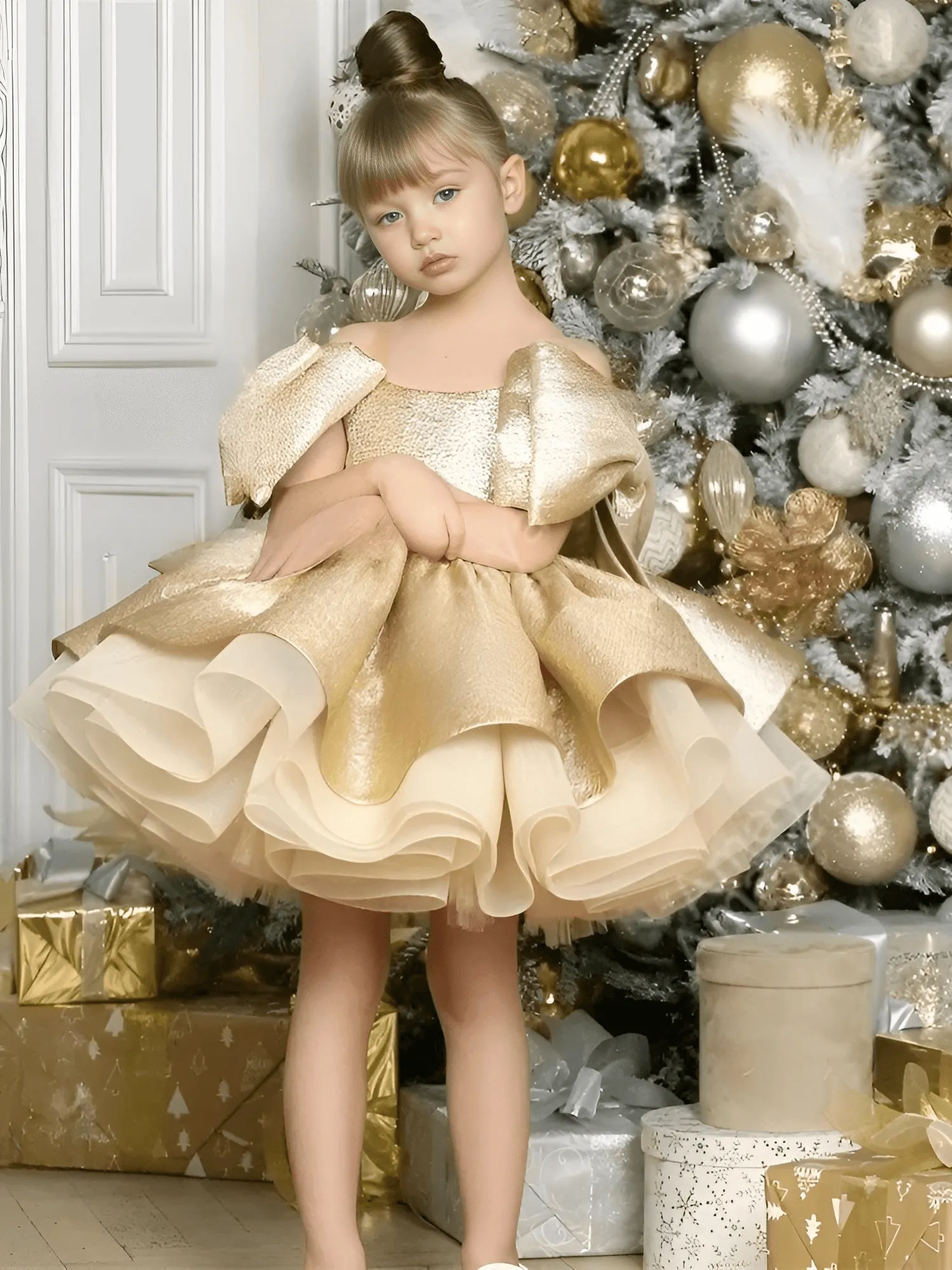 Puffy Satin Girl's Christmas Dresses Glitter Party Dress Bow Birthday Pageant Dress