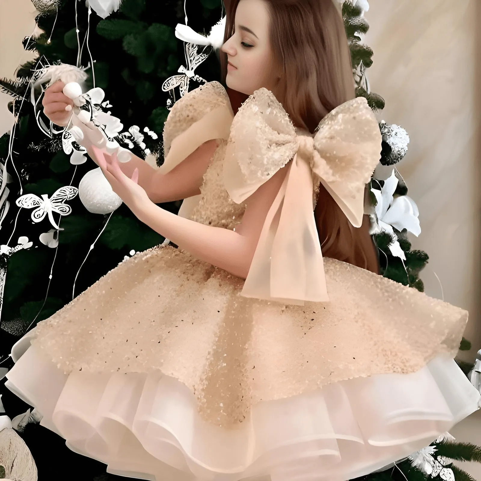 Puffy Satin Girl's Christmas Dresses Glitter Party Dress Bow Birthday Pageant Dress