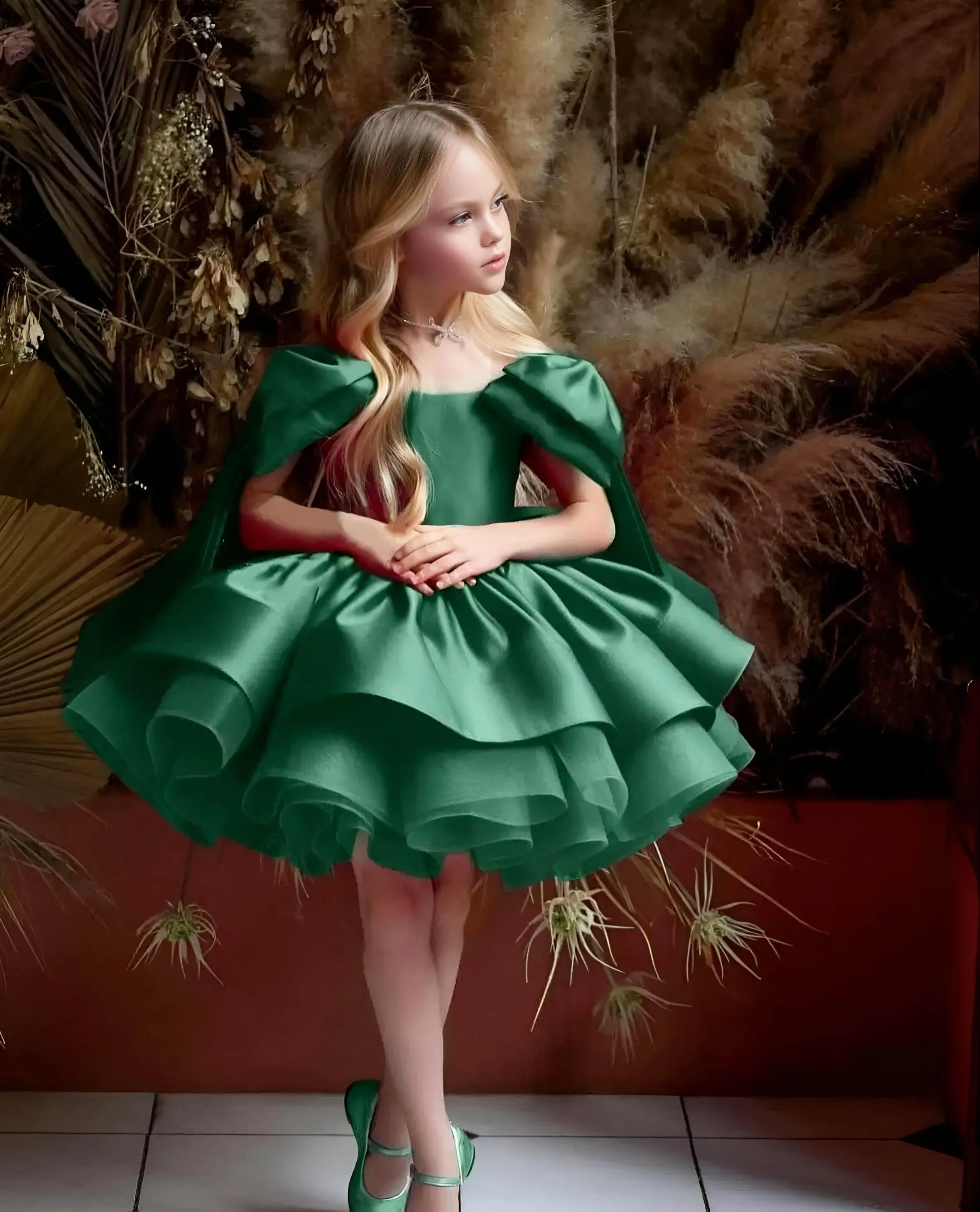 Puffy Satin Girl's Christmas Dresses Glitter Party Dress Bow Birthday Pageant Dress