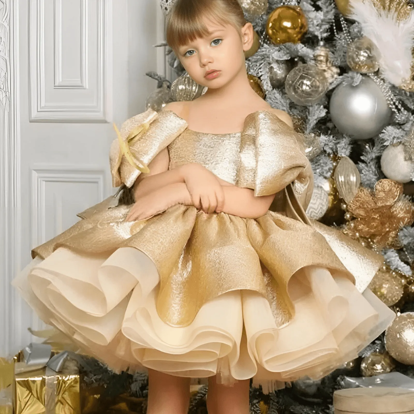 Puffy Satin Girl's Christmas Dresses Glitter Party Dress Bow Birthday Pageant Dress