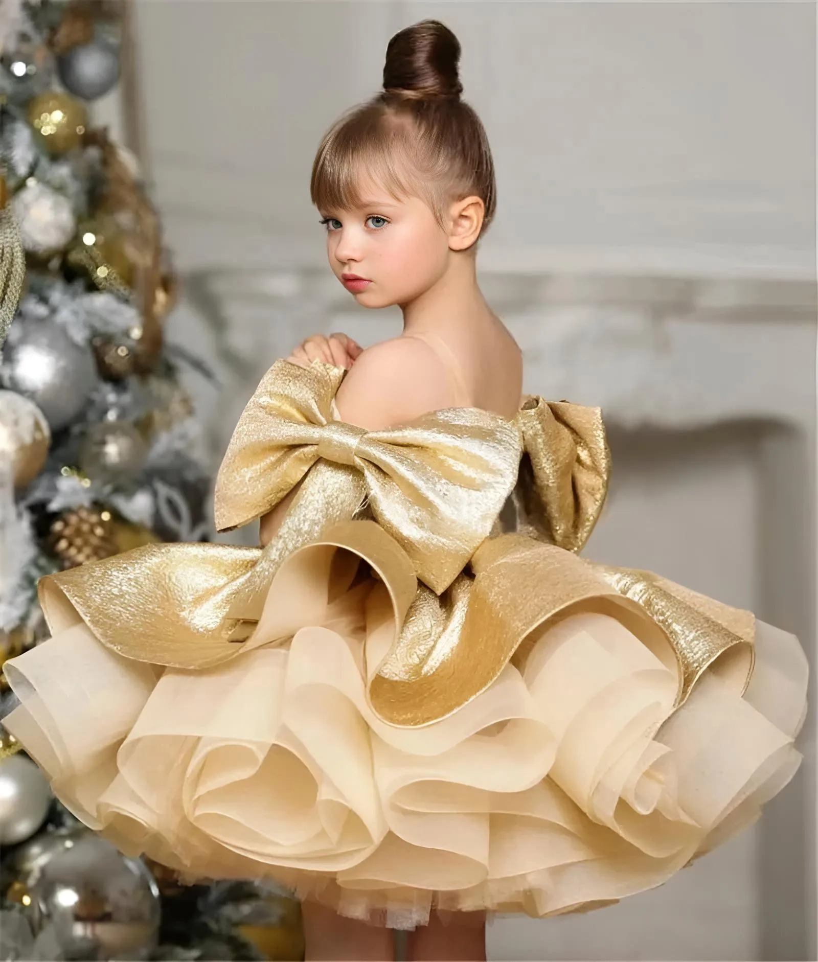 Puffy Satin Girl's Christmas Dresses Glitter Party Dress Bow Birthday Pageant Dress