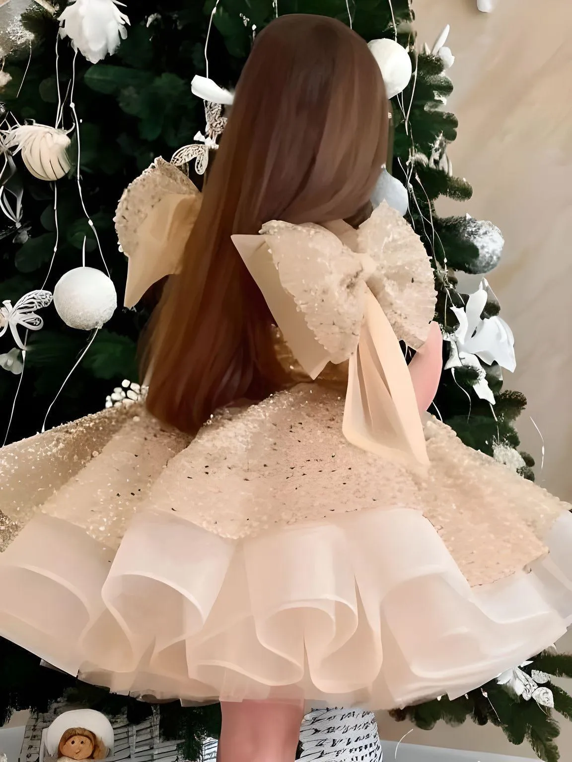 Puffy Satin Girl's Christmas Dresses Glitter Party Dress Bow Birthday Pageant Dress