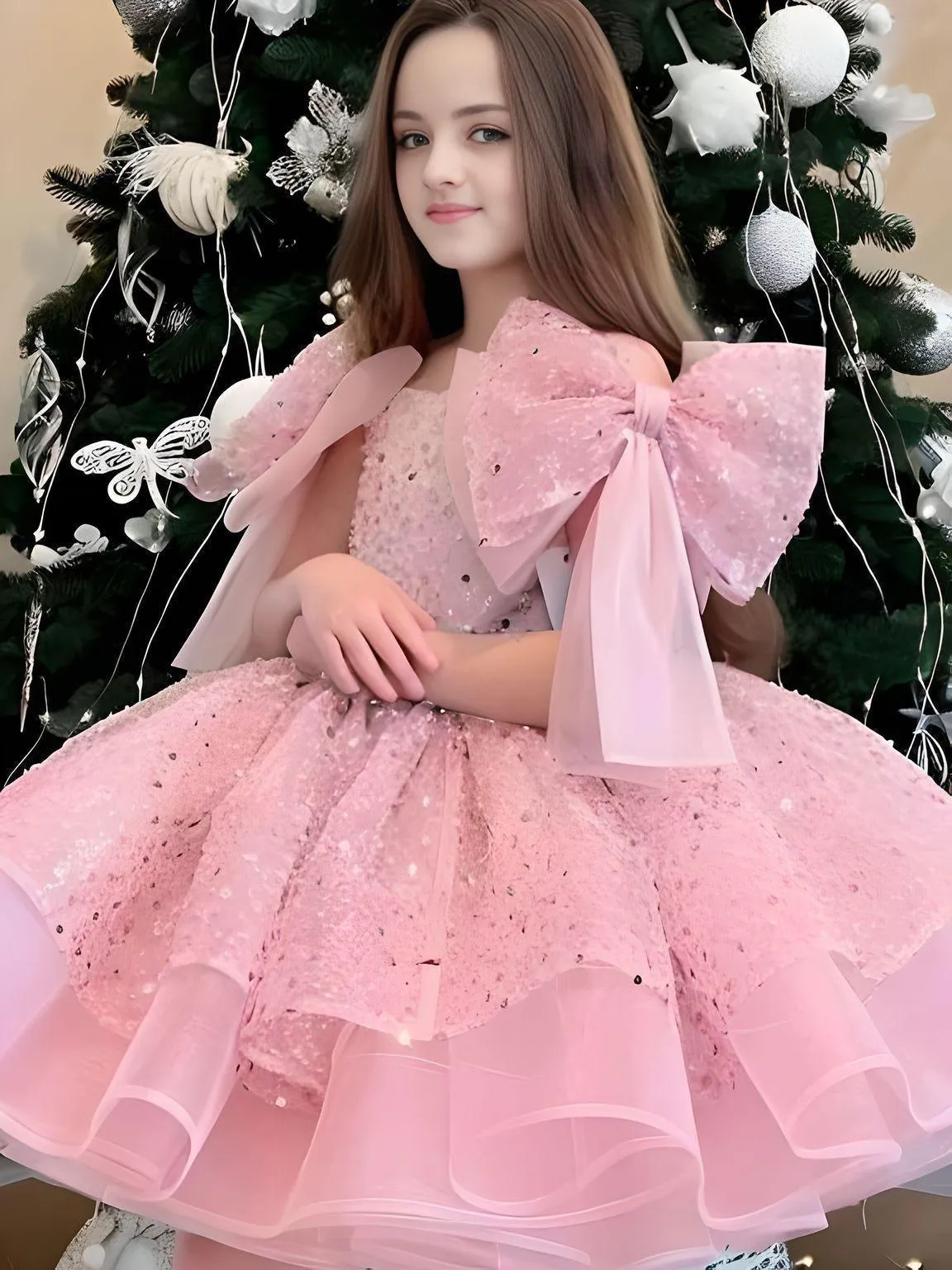 Puffy Satin Girl's Christmas Dresses Glitter Party Dress Bow Birthday Pageant Dress