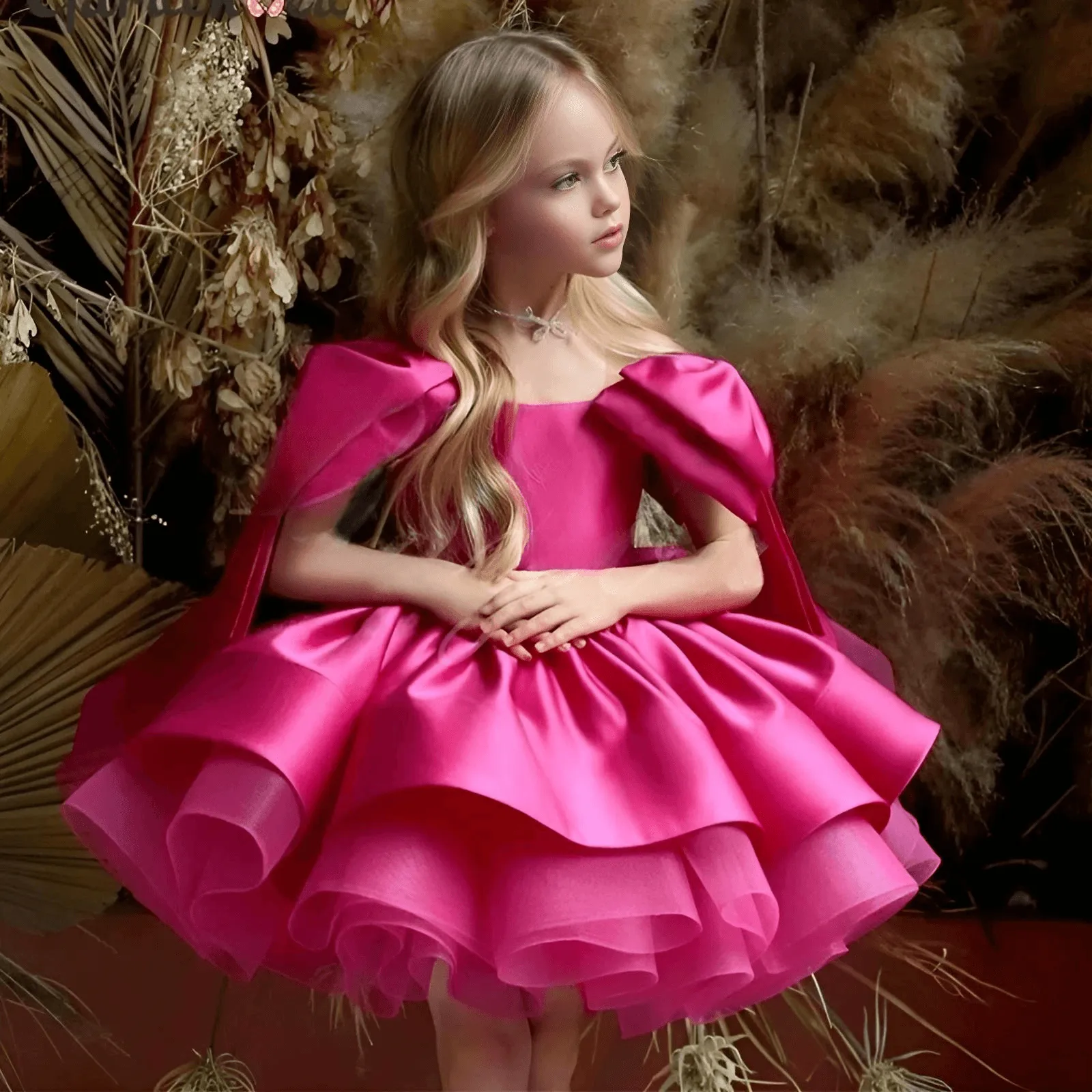 Puffy Satin Girl's Christmas Dresses Glitter Party Dress Bow Birthday Pageant Dress