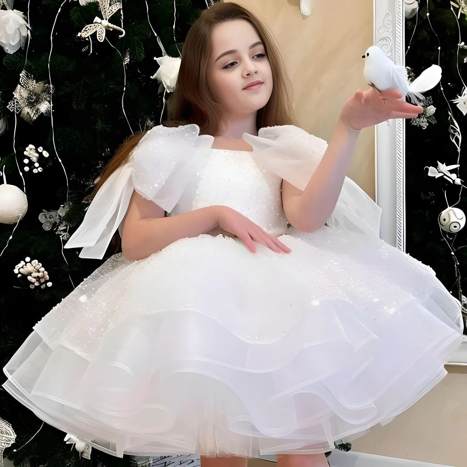 Puffy Satin Girl's Christmas Dresses Glitter Party Dress Bow Birthday Pageant Dress