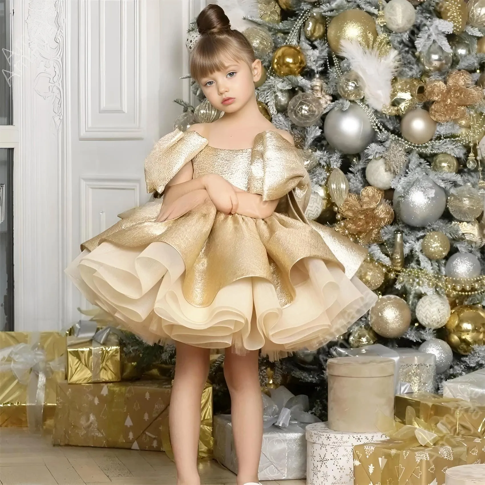 Puffy Satin Girl's Christmas Dresses Glitter Party Dress Bow Birthday Pageant Dress