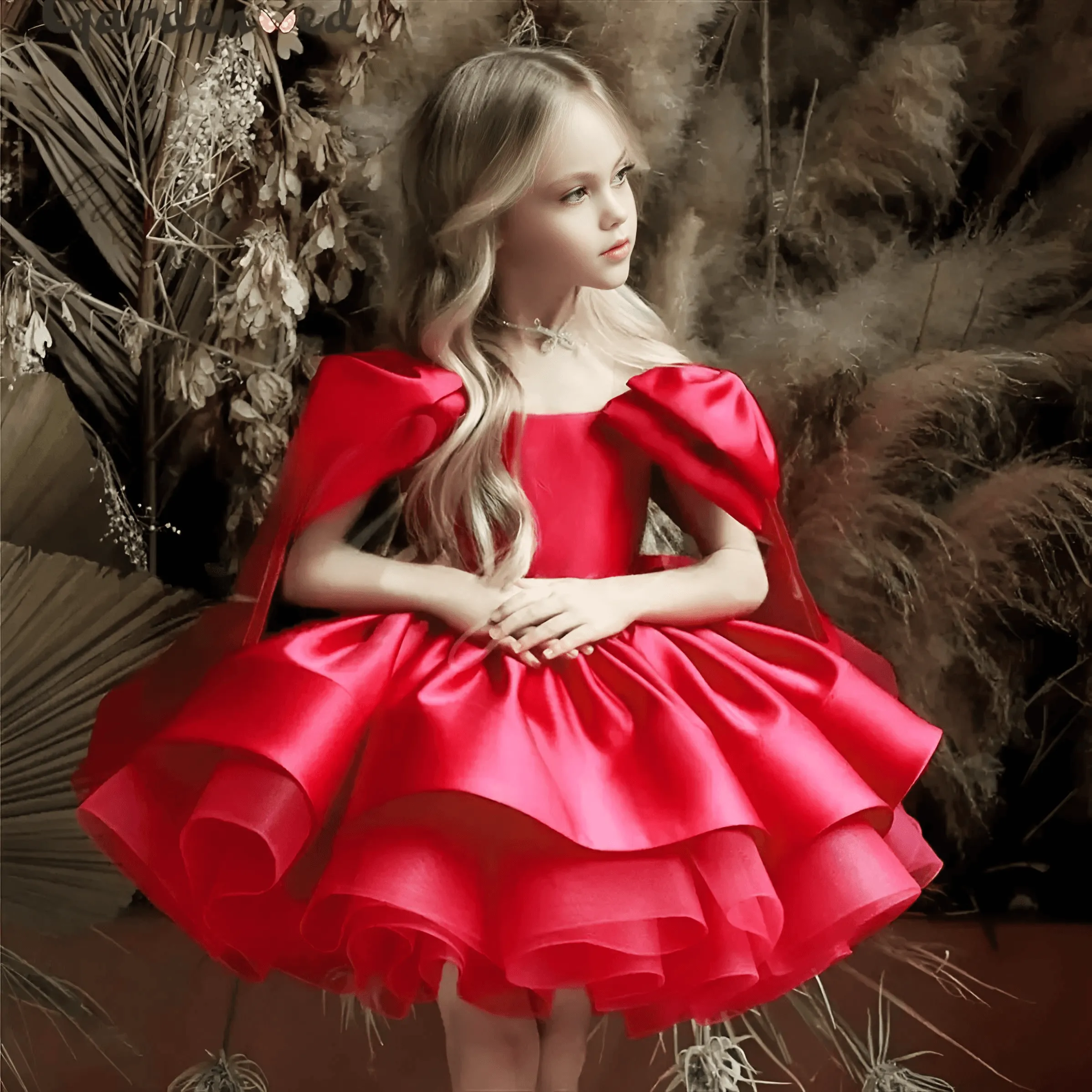 Puffy Satin Girl's Christmas Dresses Glitter Party Dress Bow Birthday Pageant Dress