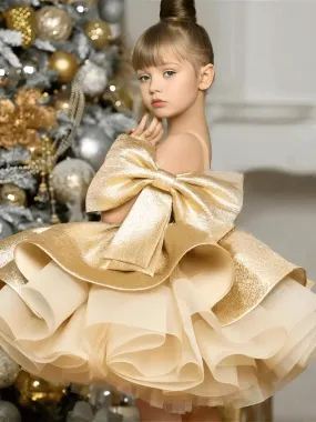 Puffy Satin Girl's Christmas Dresses Glitter Party Dress Bow Birthday Pageant Dress