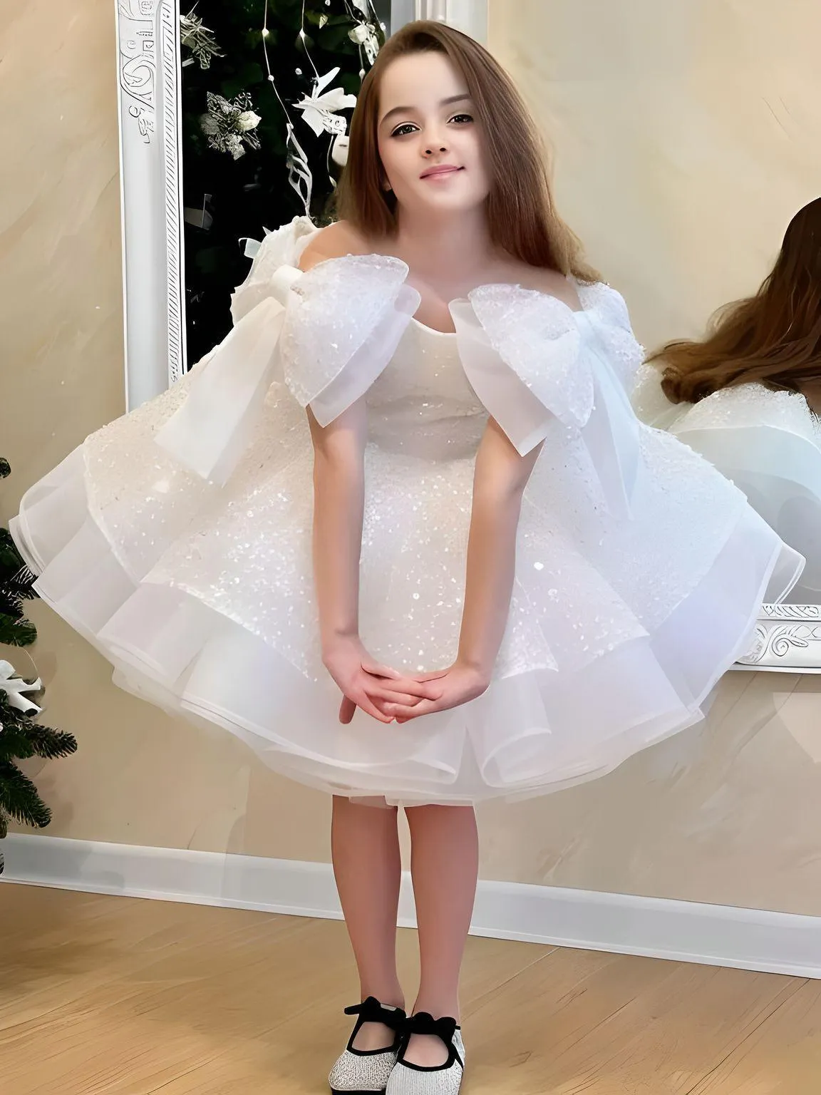 Puffy Satin Girl's Christmas Dresses Glitter Party Dress Bow Birthday Pageant Dress