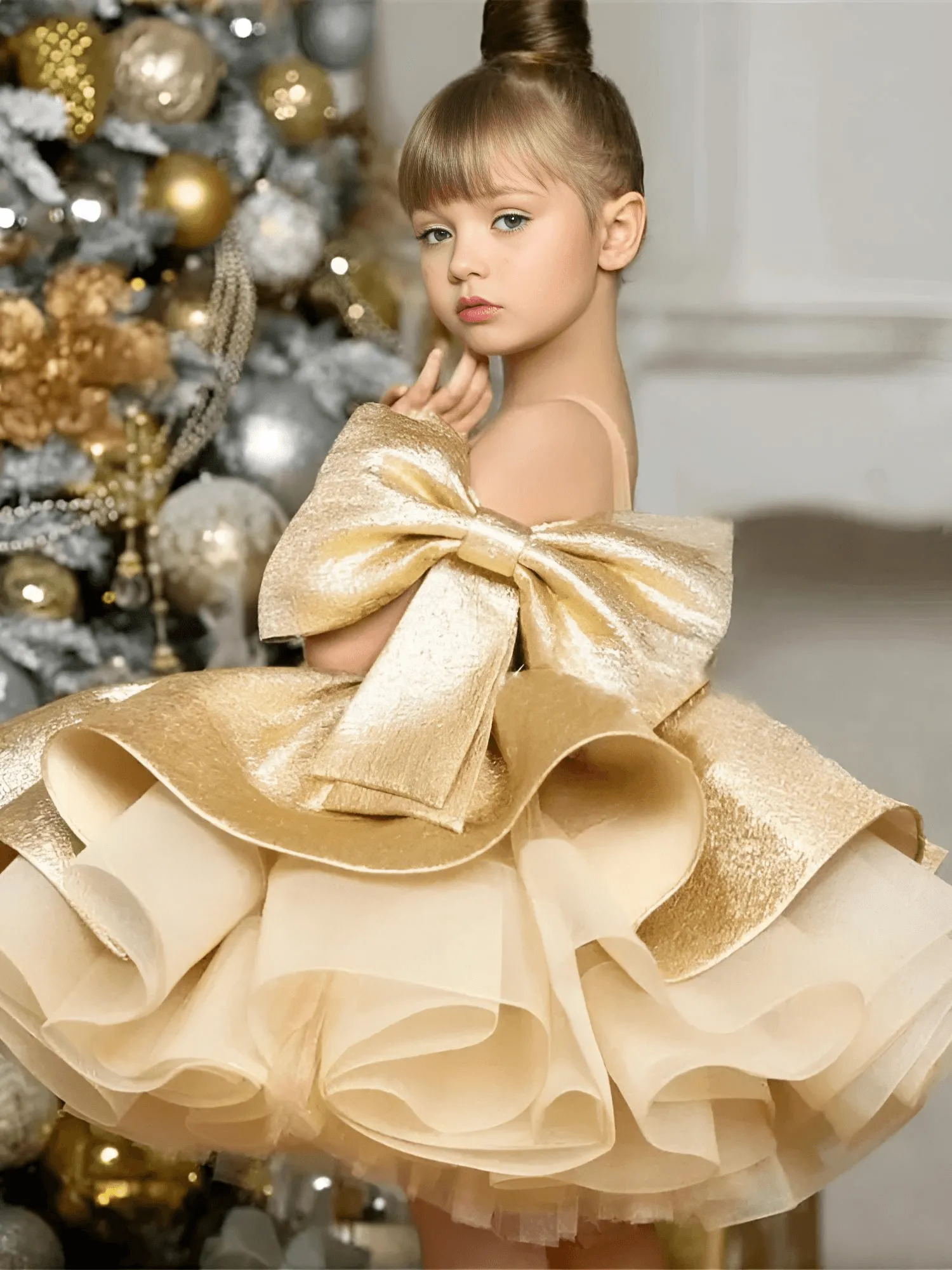 Puffy Satin Girl's Christmas Dresses Glitter Party Dress Bow Birthday Pageant Dress