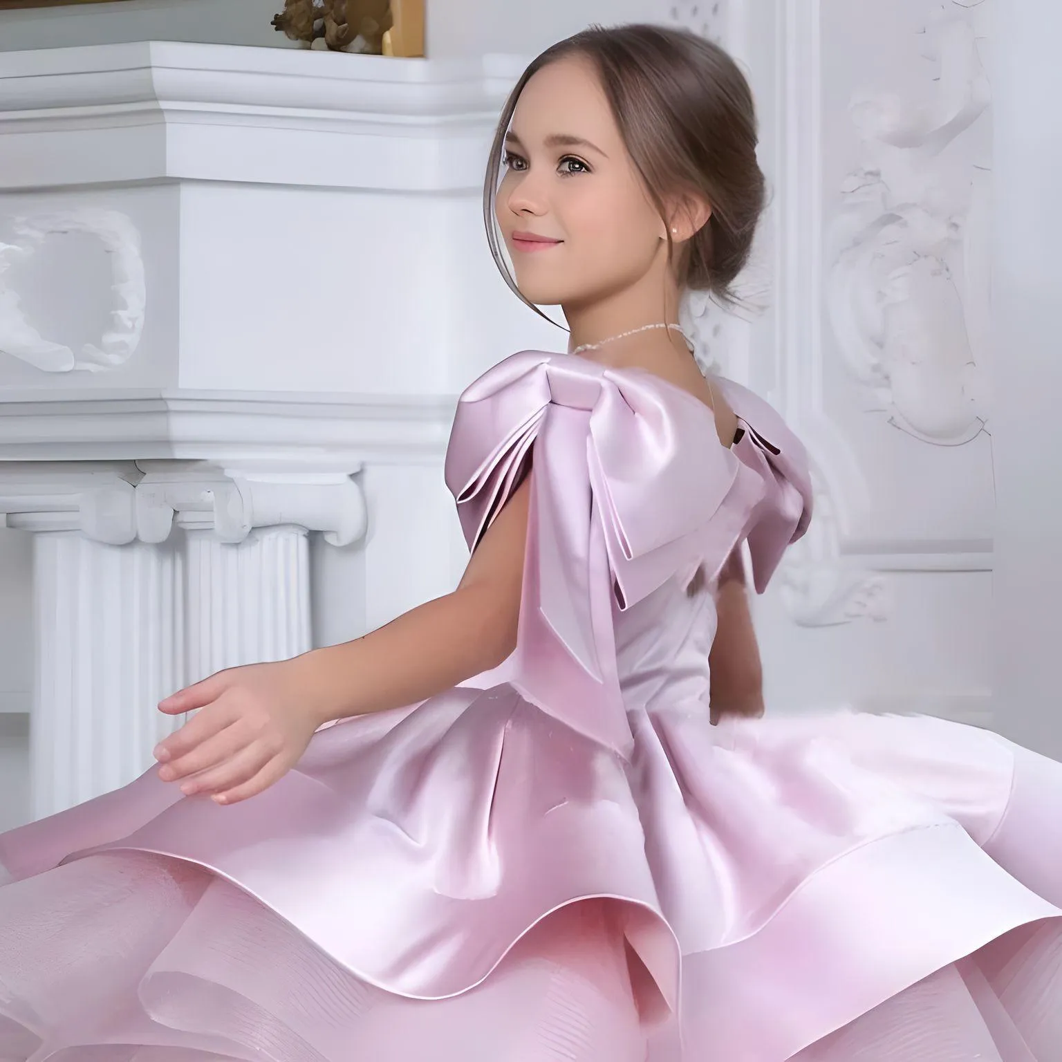 Puffy Satin Girl's Christmas Dresses Glitter Party Dress Bow Birthday Pageant Dress