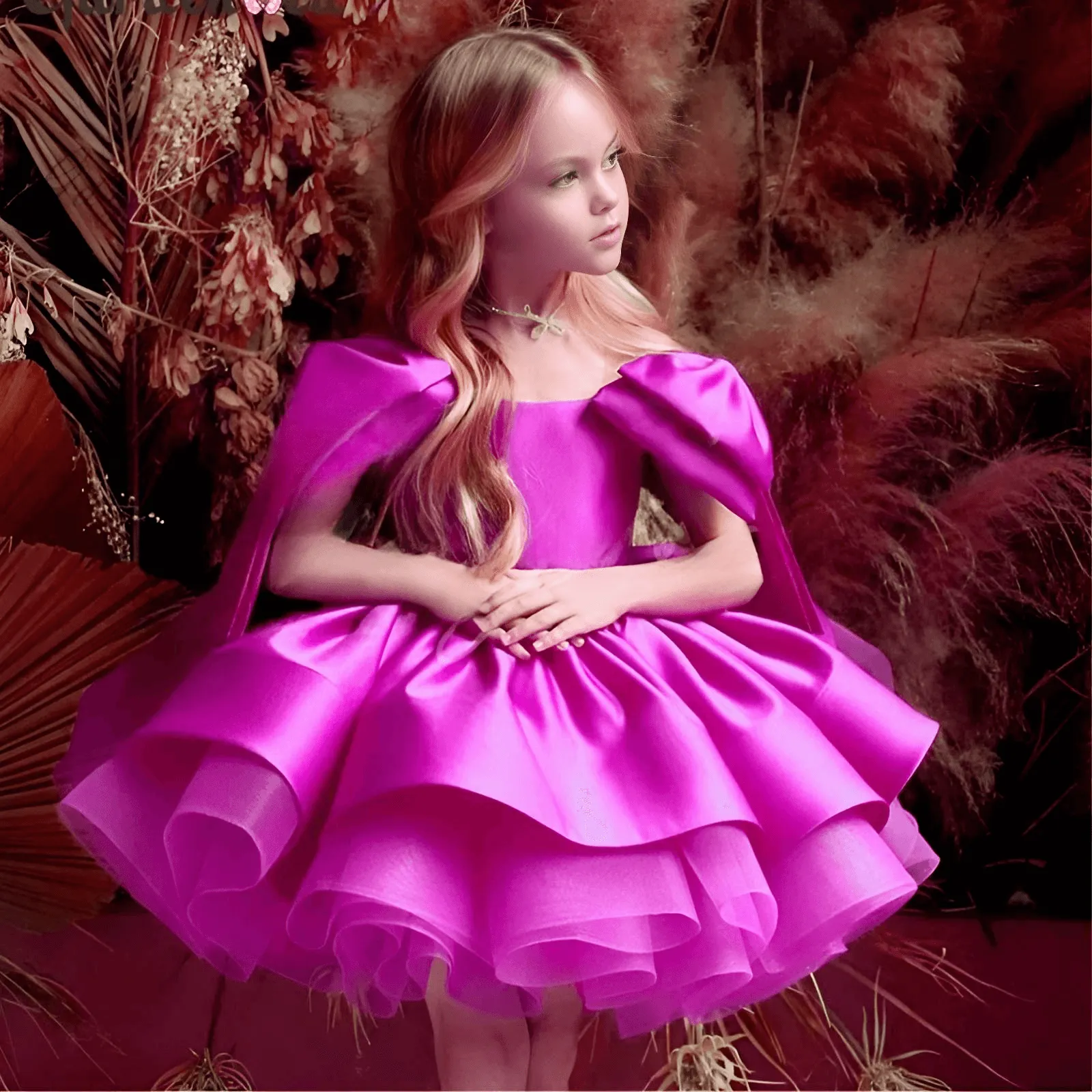 Puffy Satin Girl's Christmas Dresses Glitter Party Dress Bow Birthday Pageant Dress