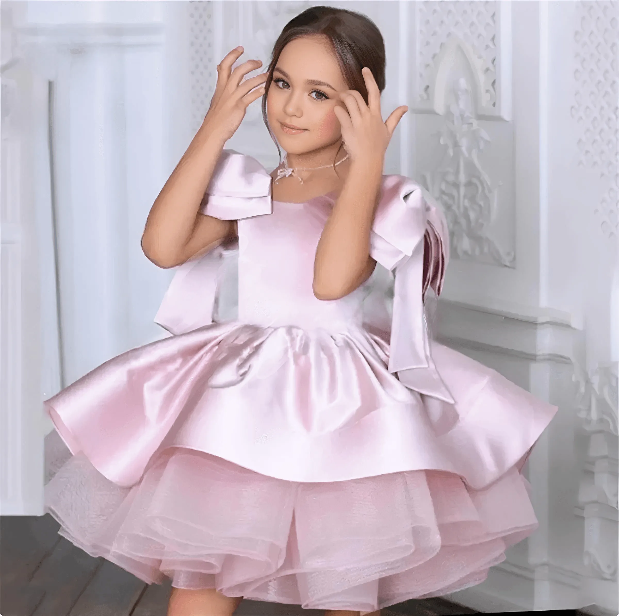 Puffy Satin Girl's Christmas Dresses Glitter Party Dress Bow Birthday Pageant Dress