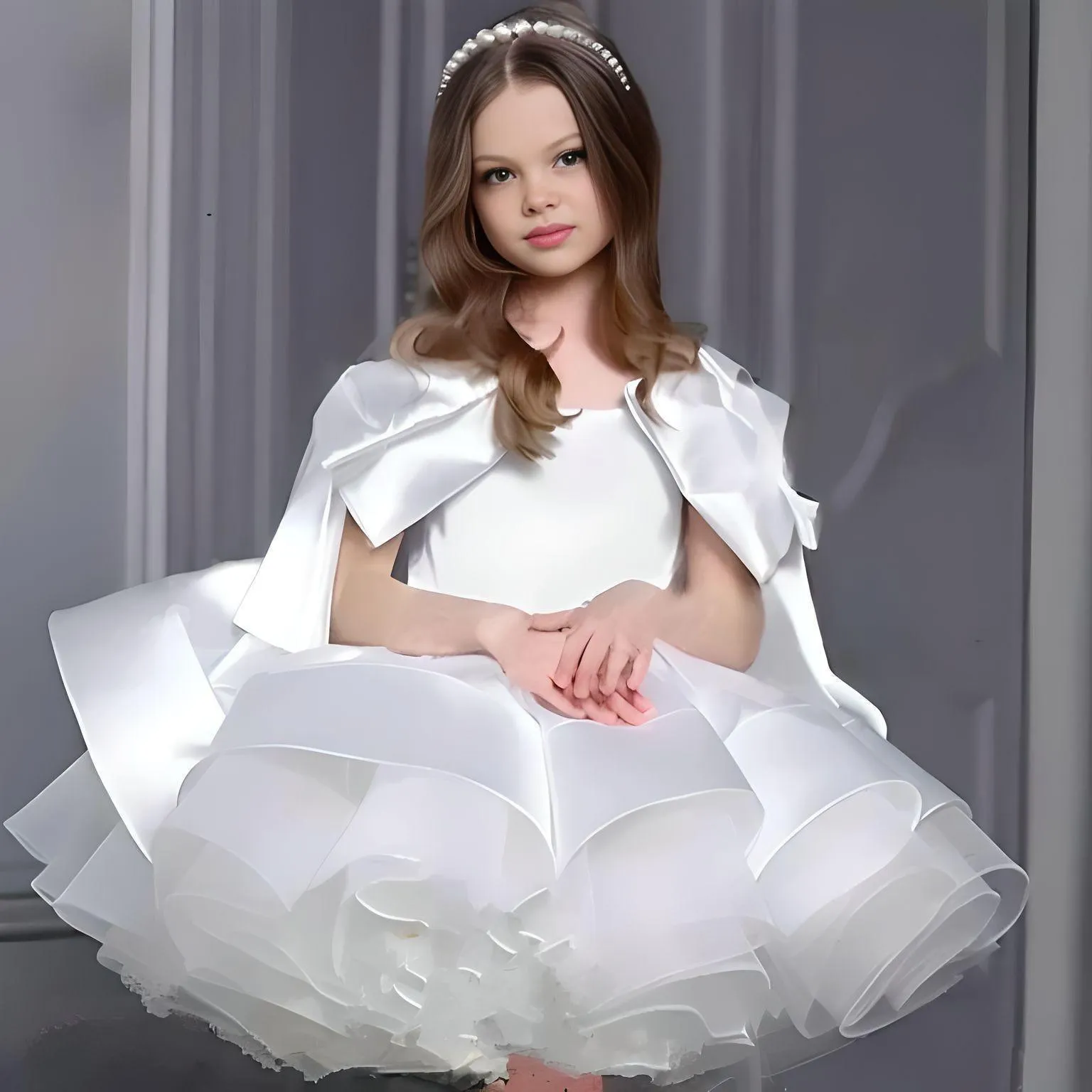 Puffy Satin Girl's Christmas Dresses Glitter Party Dress Bow Birthday Pageant Dress