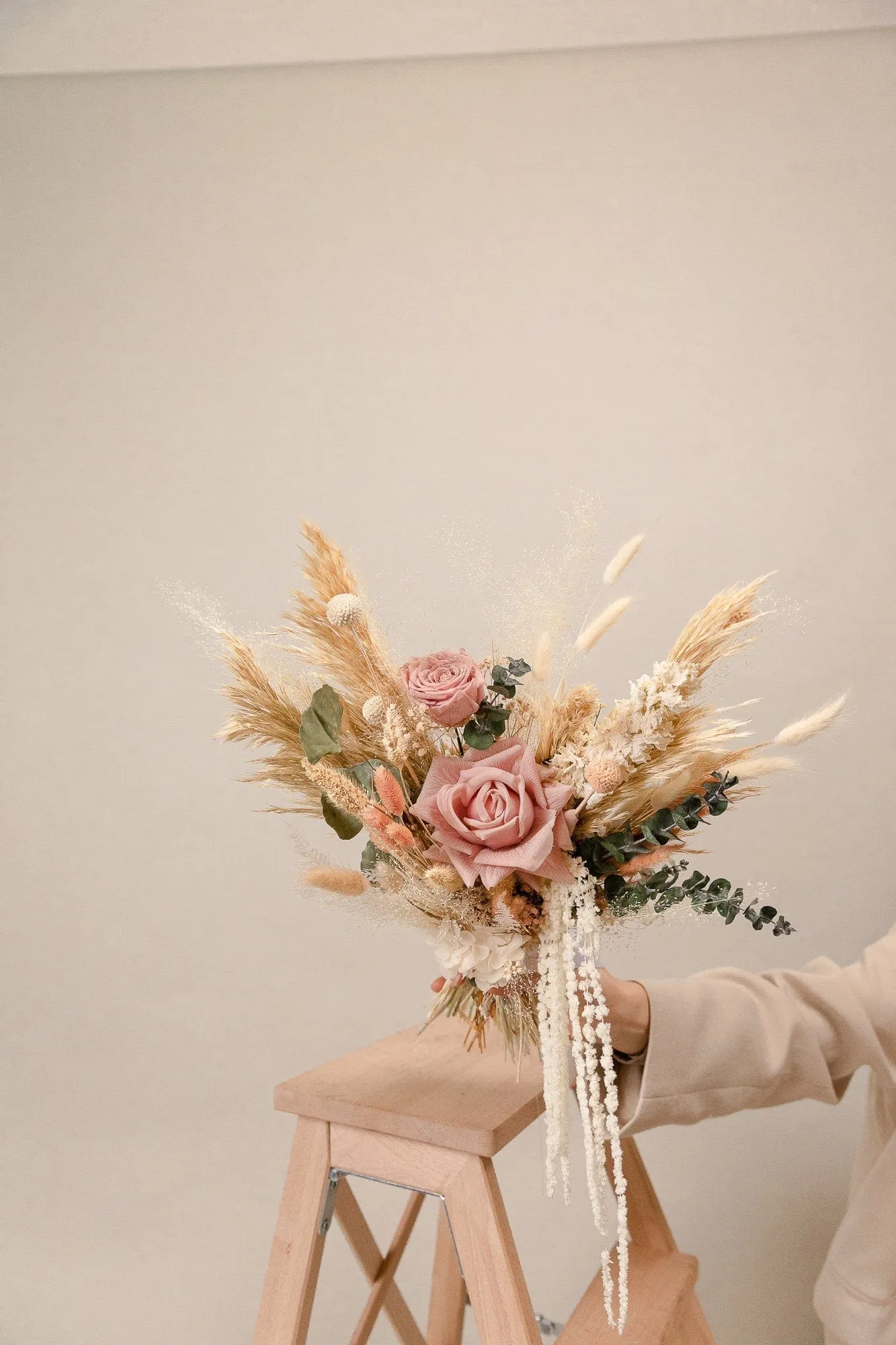 Real Touch Pastel Rose & Cascading Amaranthus Bouquet /Pampas Grass Eucalyptus Boho Flower Bouquet / Boho Dream Bouquet