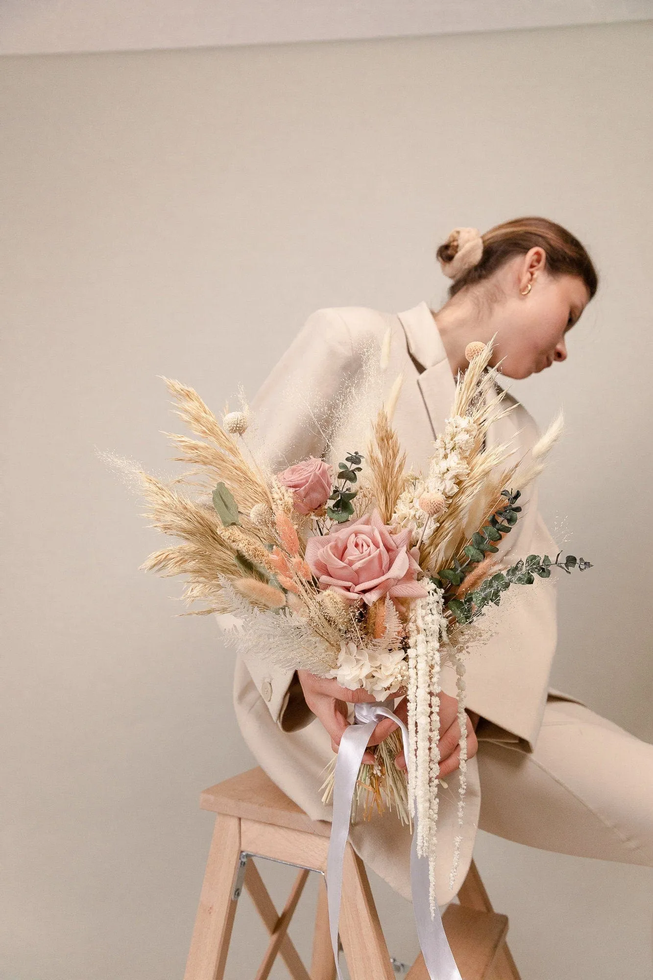 Real Touch Pastel Rose & Cascading Amaranthus Bouquet /Pampas Grass Eucalyptus Boho Flower Bouquet / Boho Dream Bouquet