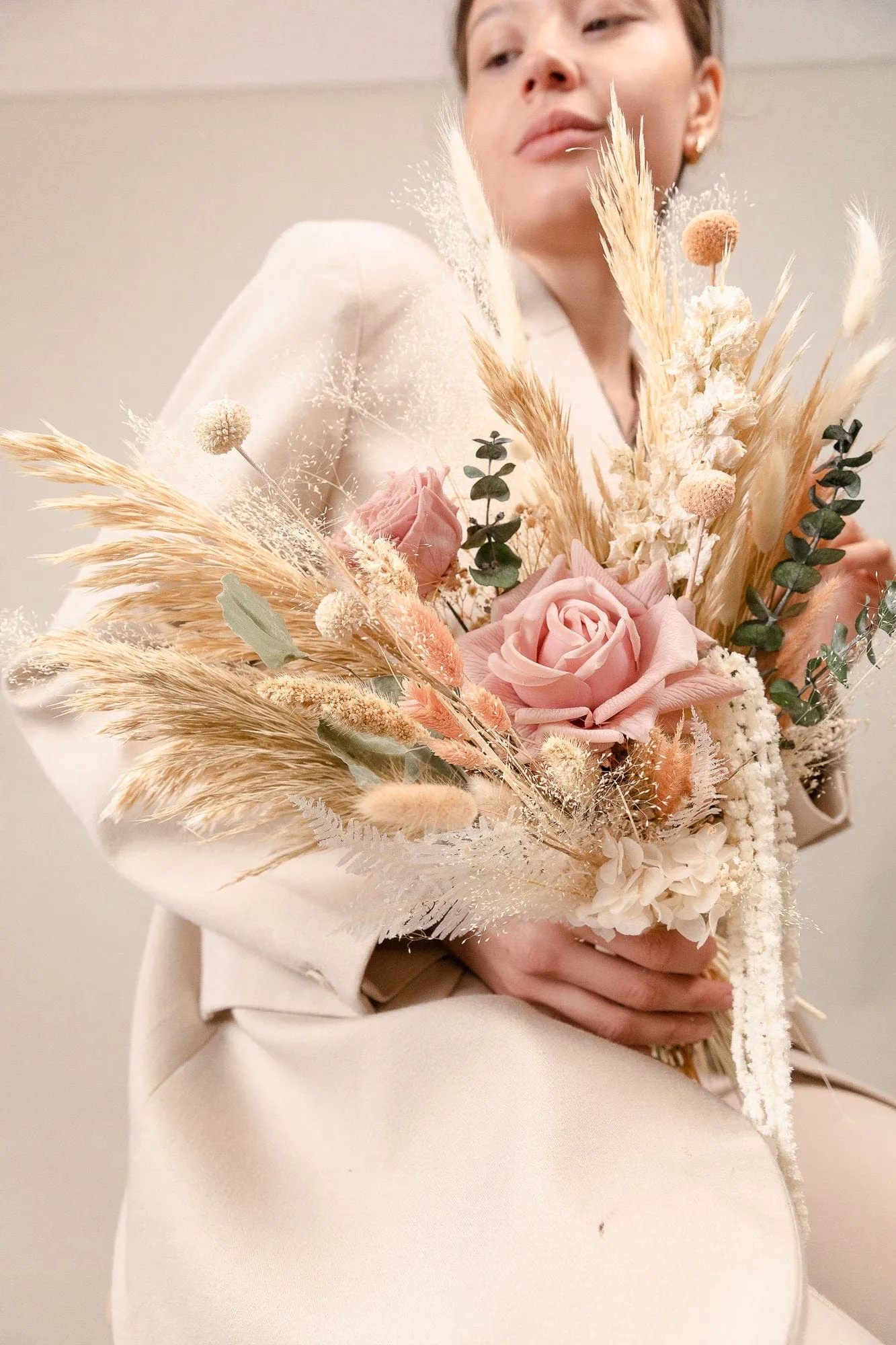 Real Touch Pastel Rose & Cascading Amaranthus Bouquet /Pampas Grass Eucalyptus Boho Flower Bouquet / Boho Dream Bouquet