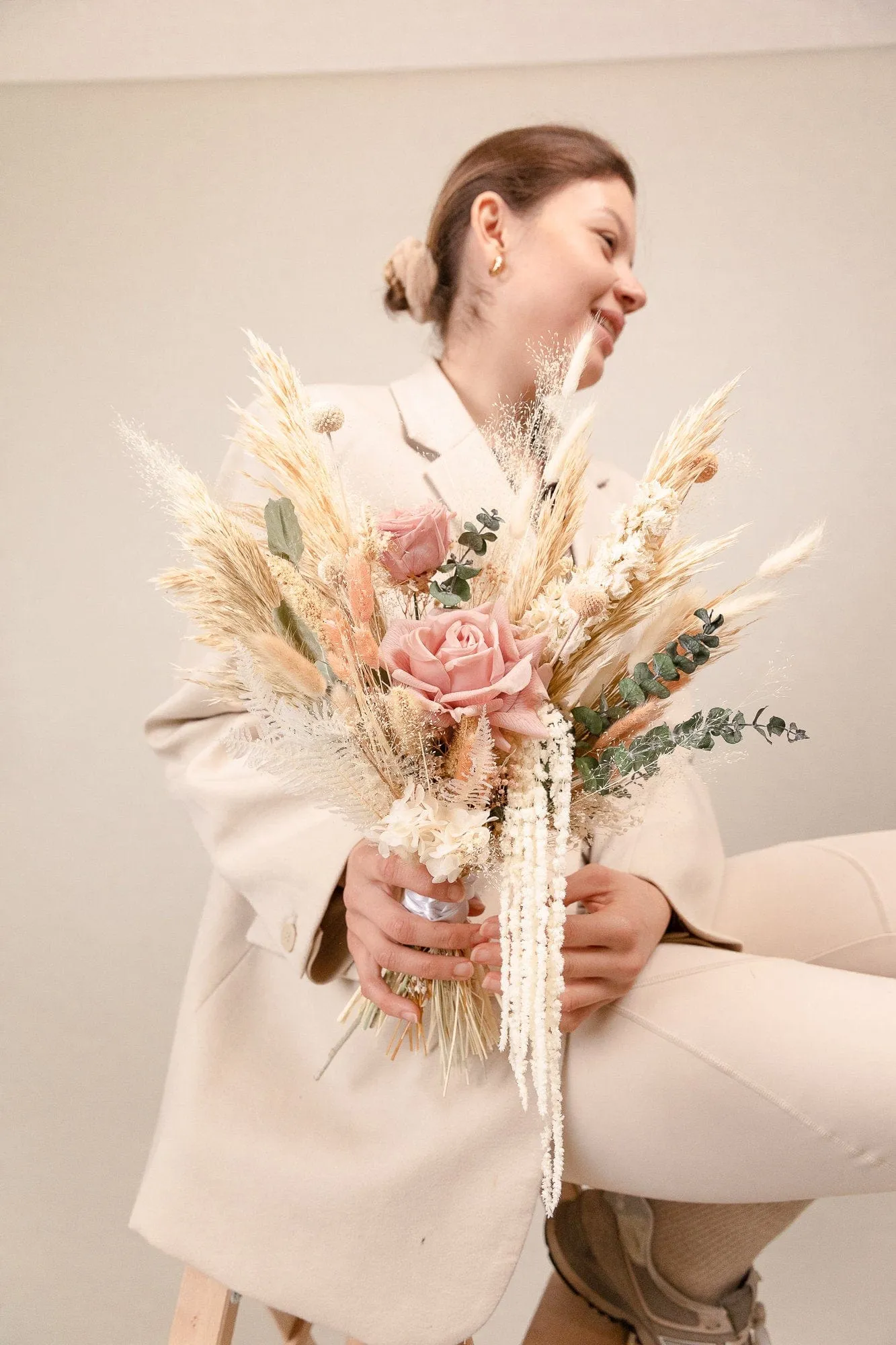 Real Touch Pastel Rose & Cascading Amaranthus Bouquet /Pampas Grass Eucalyptus Boho Flower Bouquet / Boho Dream Bouquet