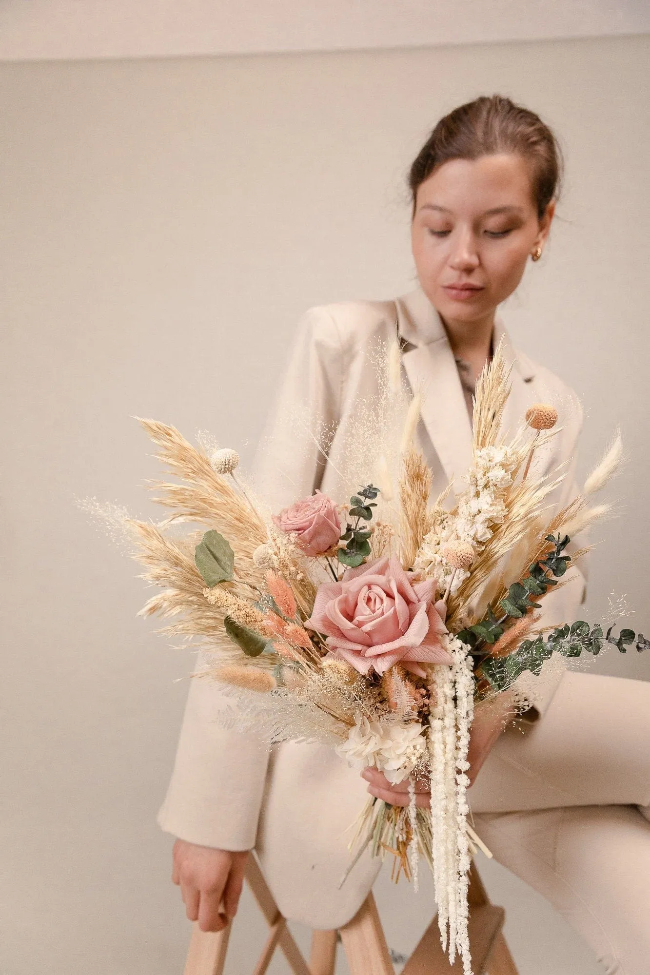 Real Touch Pastel Rose & Cascading Amaranthus Bouquet /Pampas Grass Eucalyptus Boho Flower Bouquet / Boho Dream Bouquet