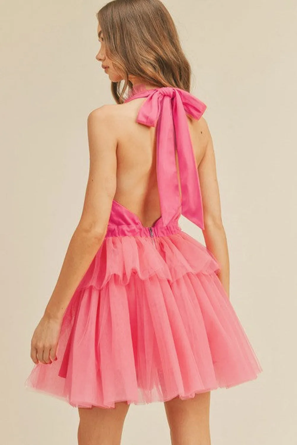 Strawberry Pink Gauze Ruffle Tiered Knotted Halter Dress