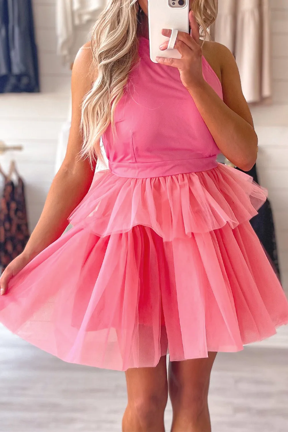 Strawberry Pink Gauze Ruffle Tiered Knotted Halter Dress