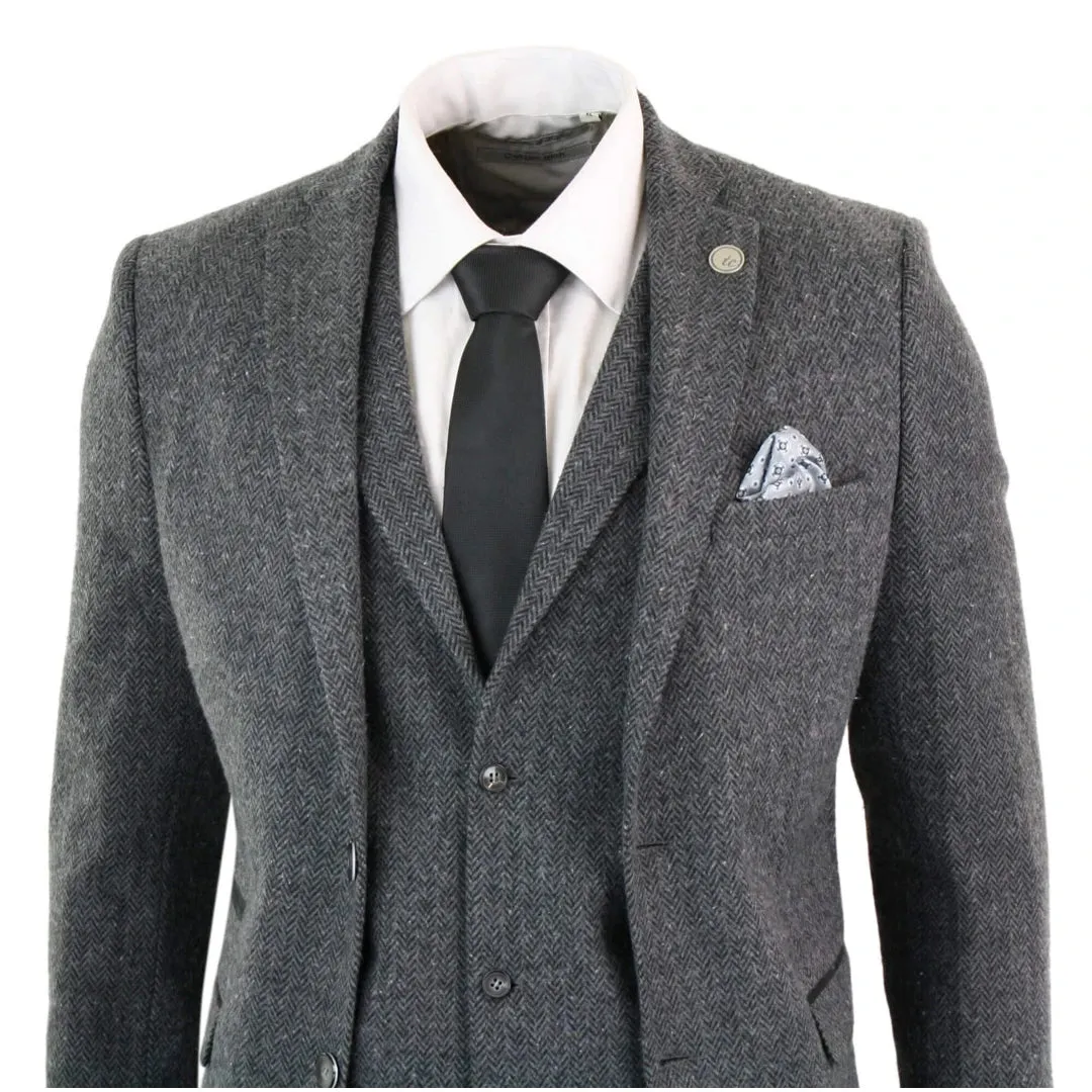 STZ11 - Men's Grey Black 3 Piece Tweed Suit Herringbone Wool