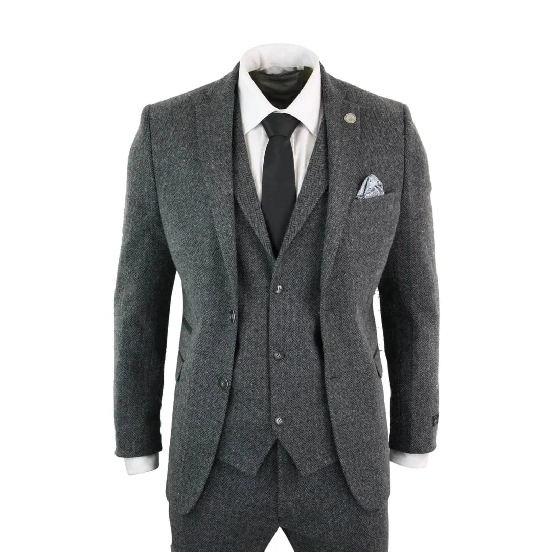 STZ11 - Men's Grey Black 3 Piece Tweed Suit Herringbone Wool