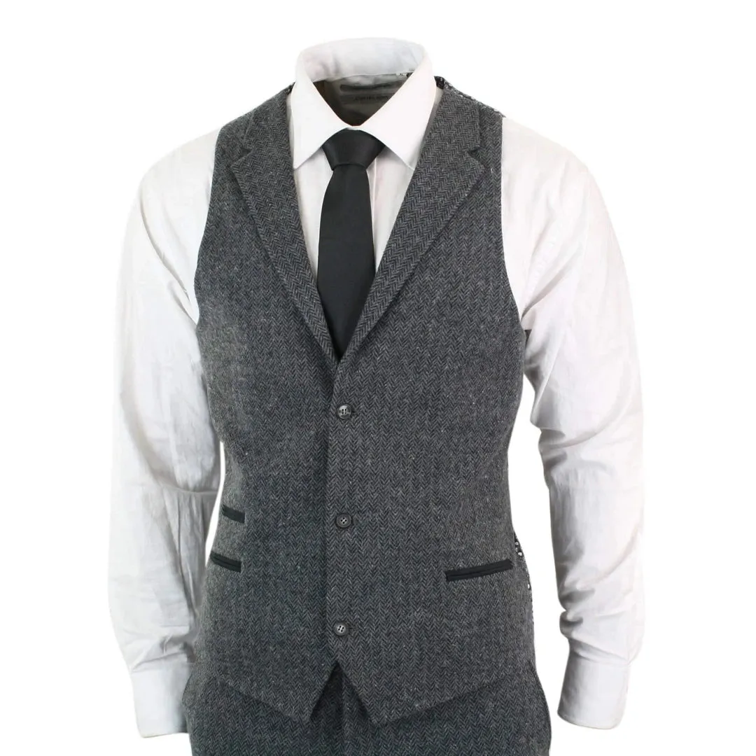 STZ11 - Men's Grey Black 3 Piece Tweed Suit Herringbone Wool