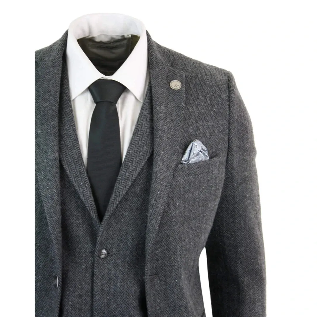 STZ11 - Men's Grey Black 3 Piece Tweed Suit Herringbone Wool