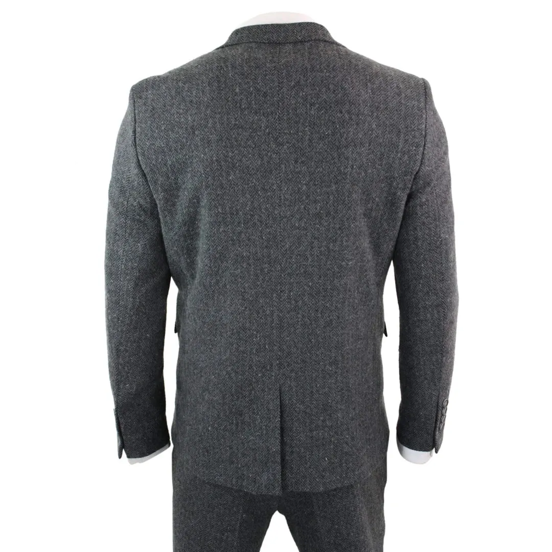 STZ11 - Men's Grey Black 3 Piece Tweed Suit Herringbone Wool