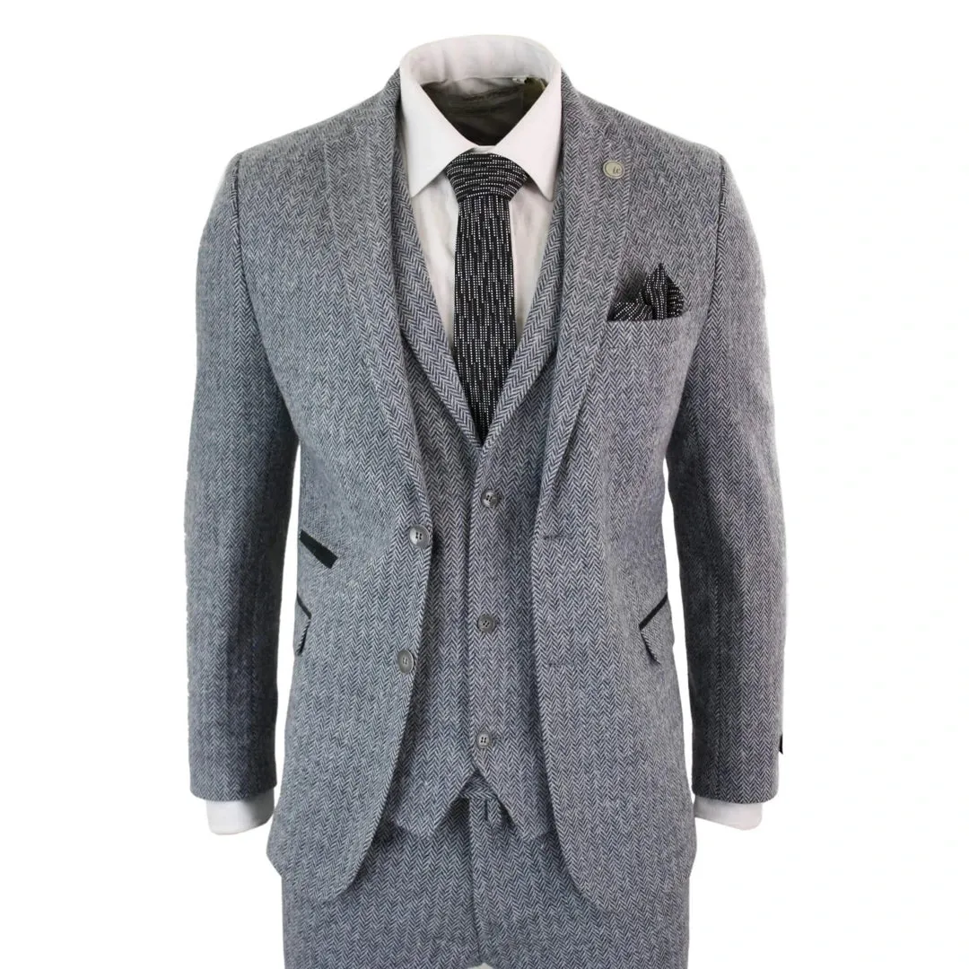 STZ11 - Men's Light Grey 3 Piece Tweed Suit Herringbone Wool