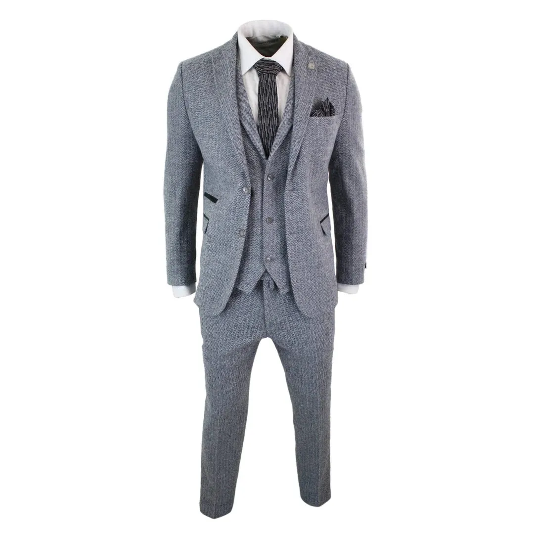 STZ11 - Men's Light Grey 3 Piece Tweed Suit Herringbone Wool