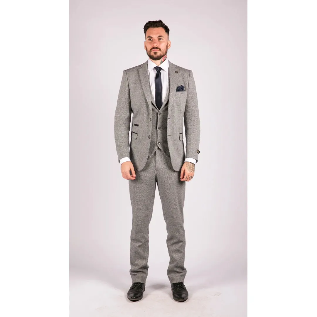 STZ11 - Men's Light Grey 3 Piece Tweed Suit Herringbone Wool