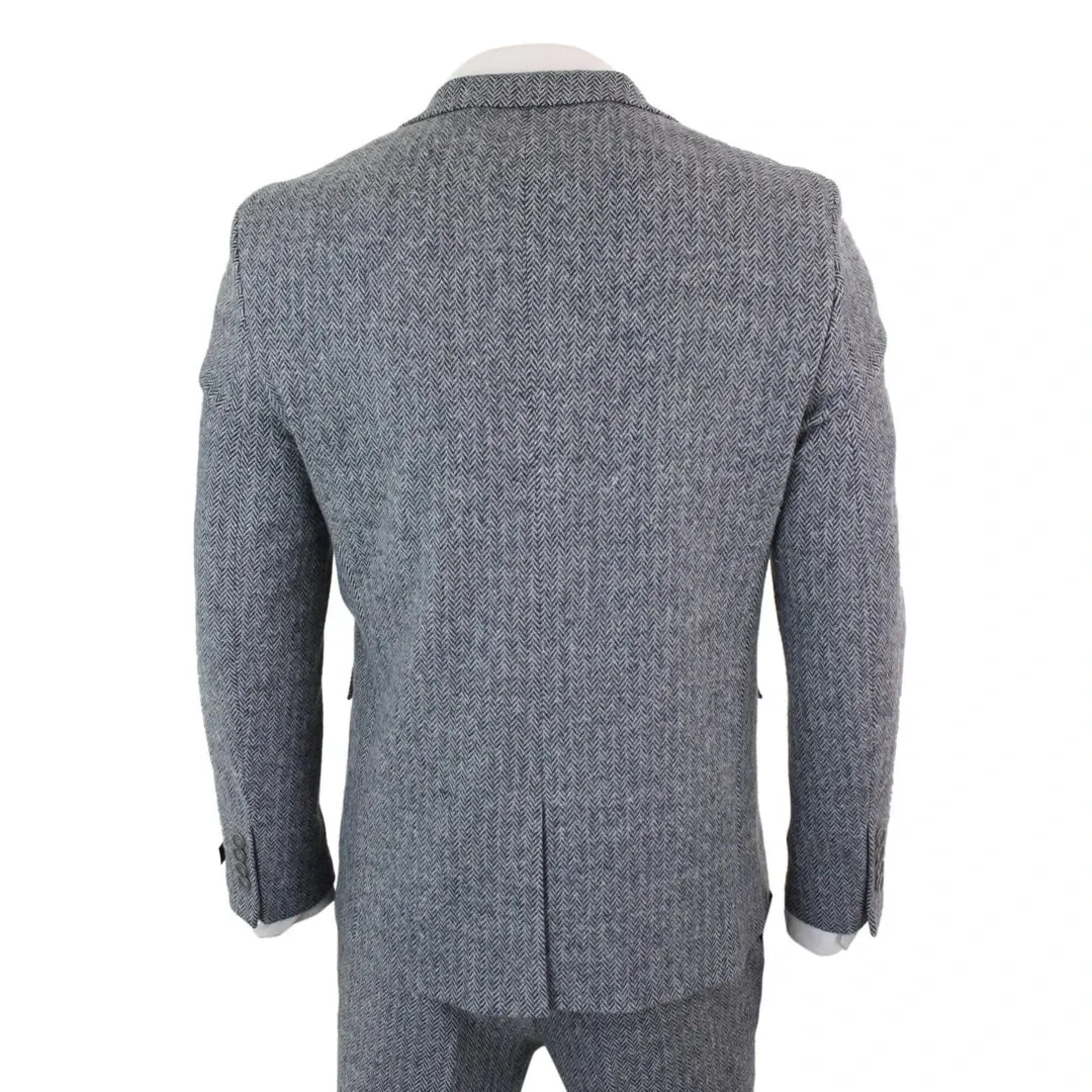 STZ11 - Men's Light Grey 3 Piece Tweed Suit Herringbone Wool