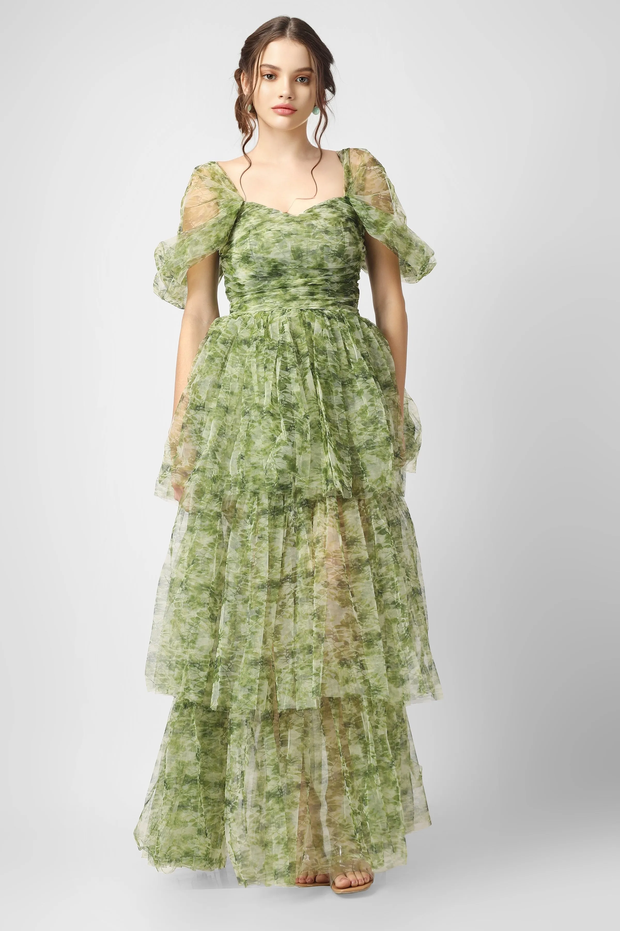 Sydney Tulle Maxi Dress in Green Print