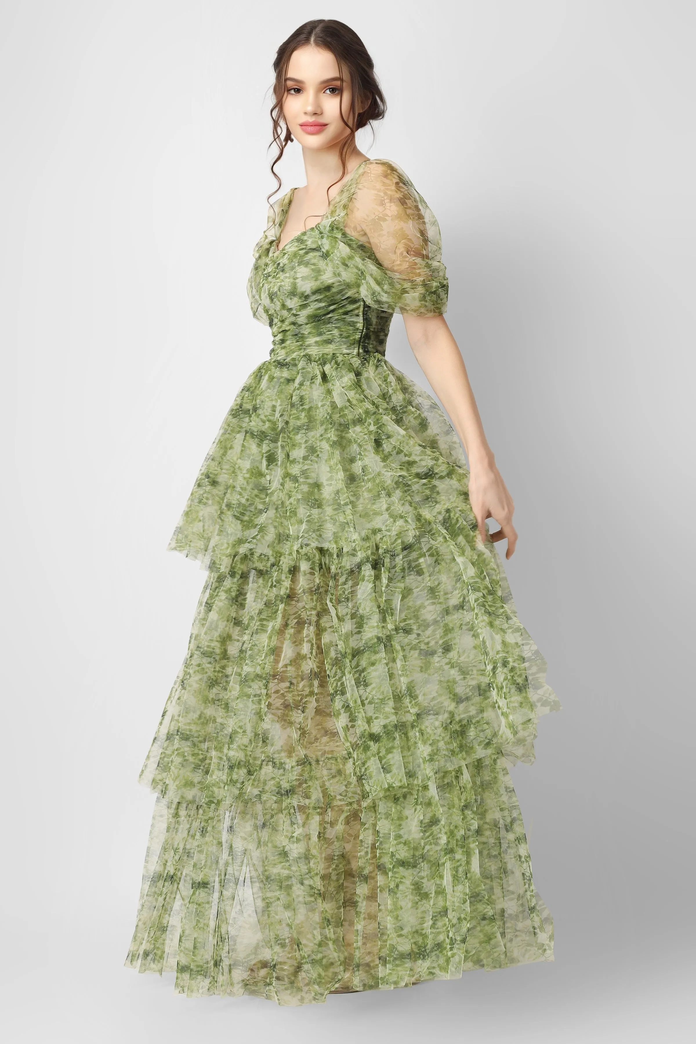 Sydney Tulle Maxi Dress in Green Print