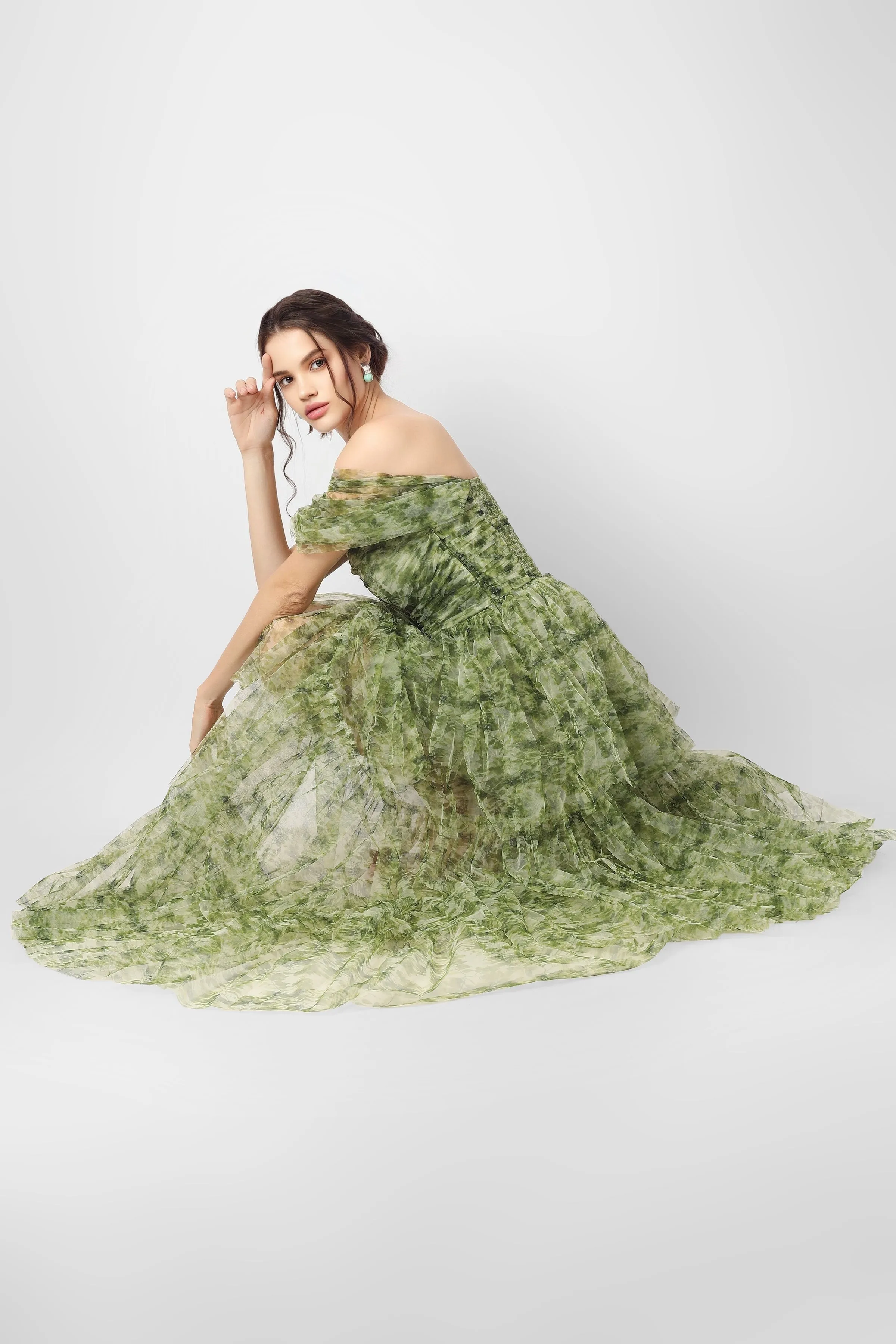 Sydney Tulle Maxi Dress in Green Print