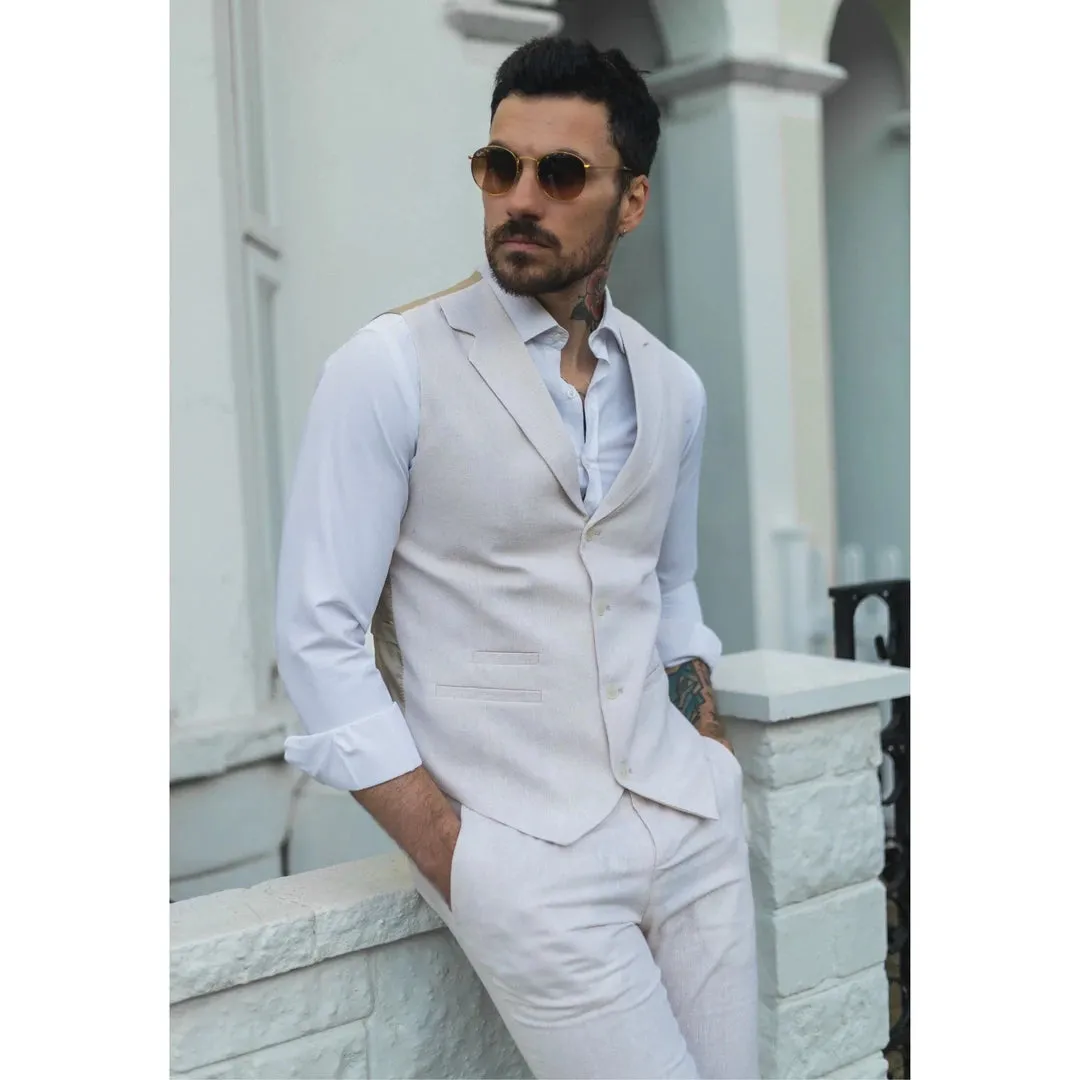 tp-10 - Men's Summer Suit Waistcoat Trousers Linen Formal Cream Beige Wedding