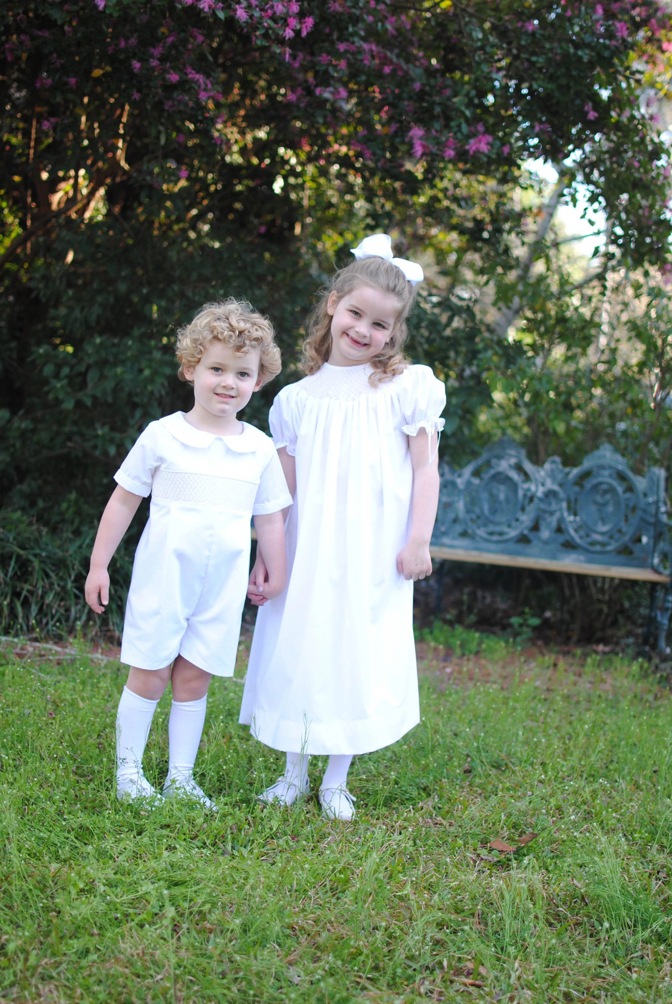 White Smocked Heirloom Bishop Dress with Cream Smocking