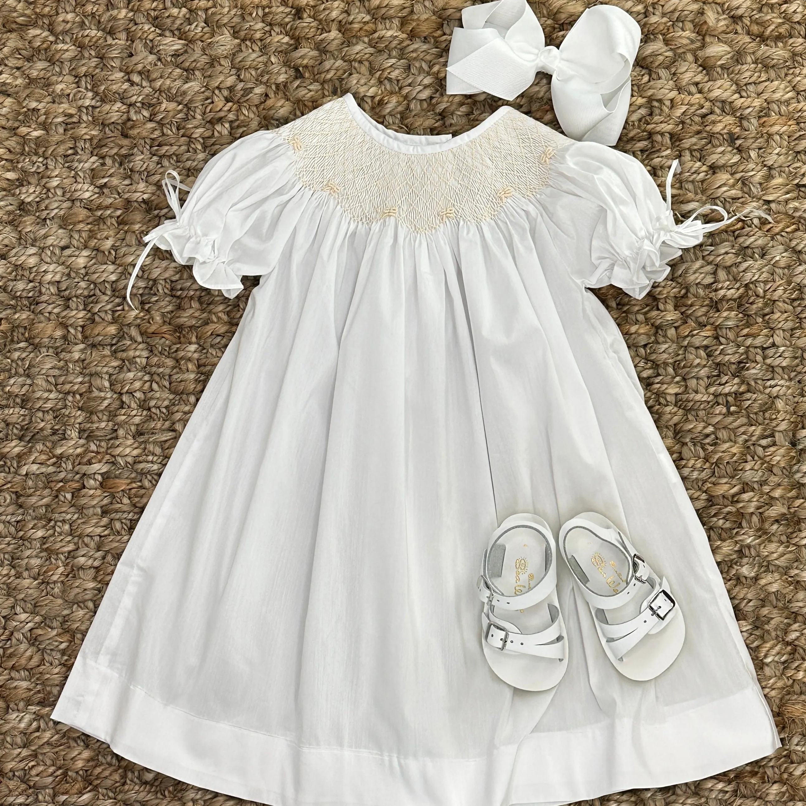 White Smocked Heirloom Bishop Dress with Cream Smocking